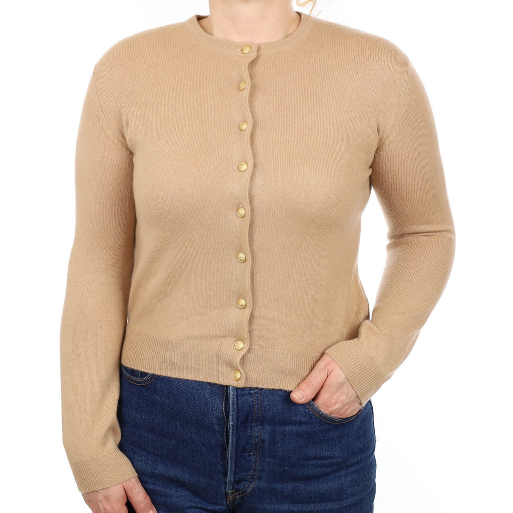 Camel Brown Cashmere Crew Neck Cardigan Medium