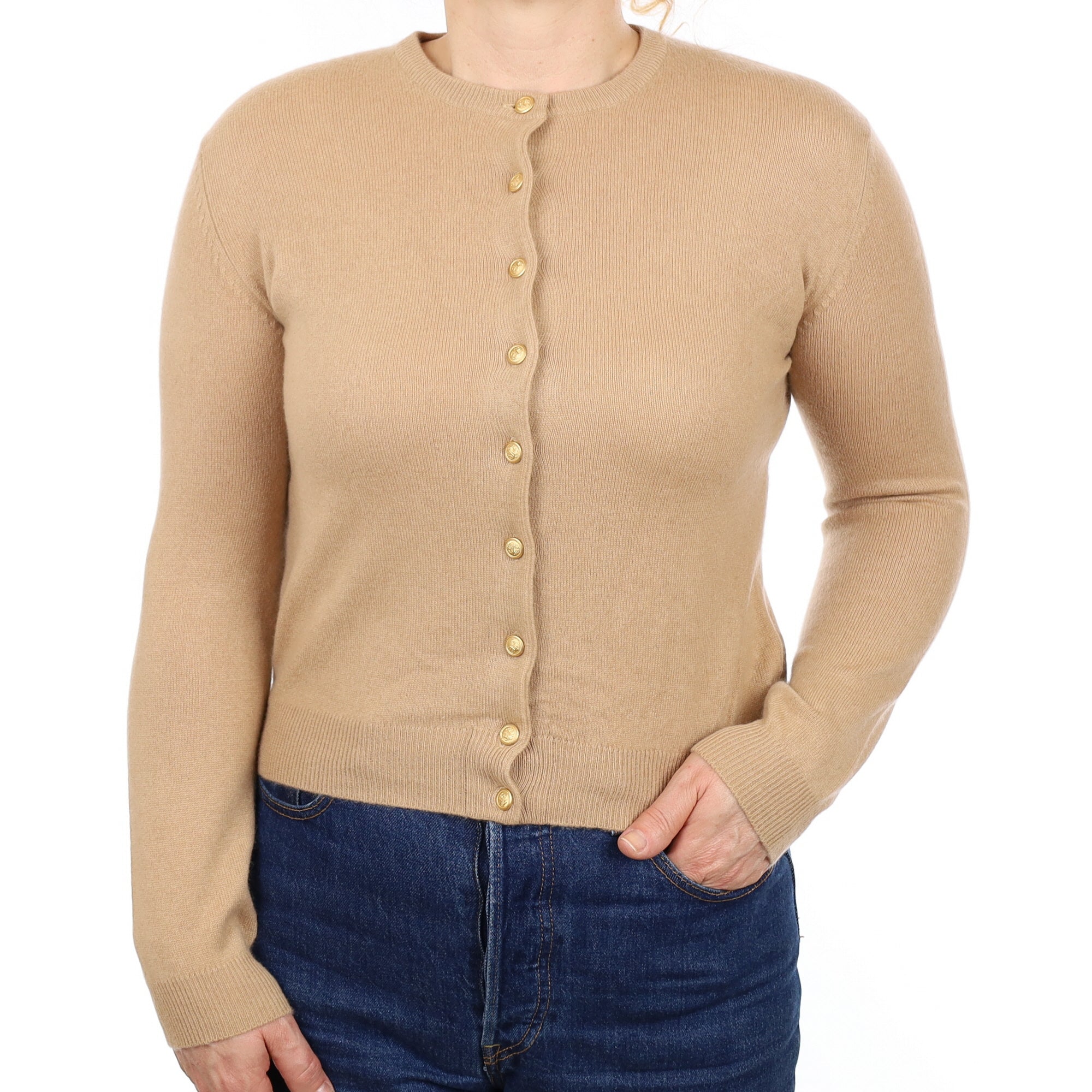 Camel Brown Cashmere Crew Neck Cardigan Medium