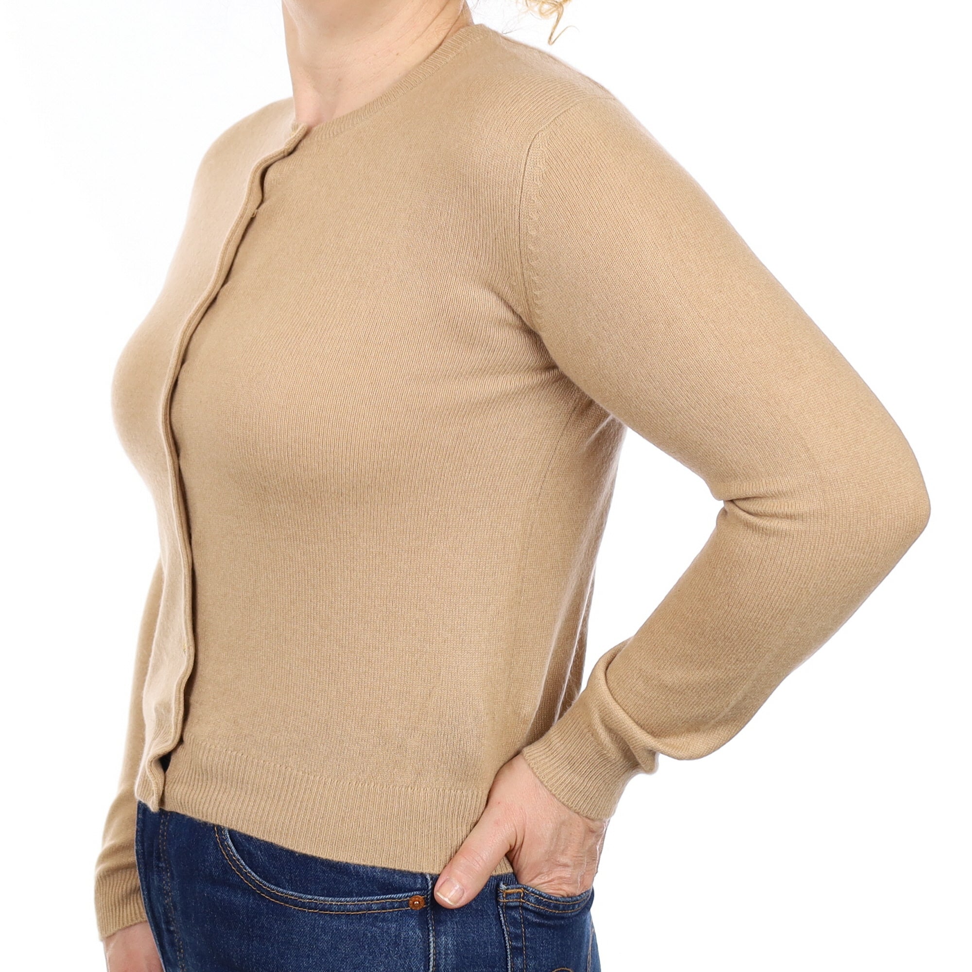 Camel Brown Cashmere Crew Neck Cardigan Medium
