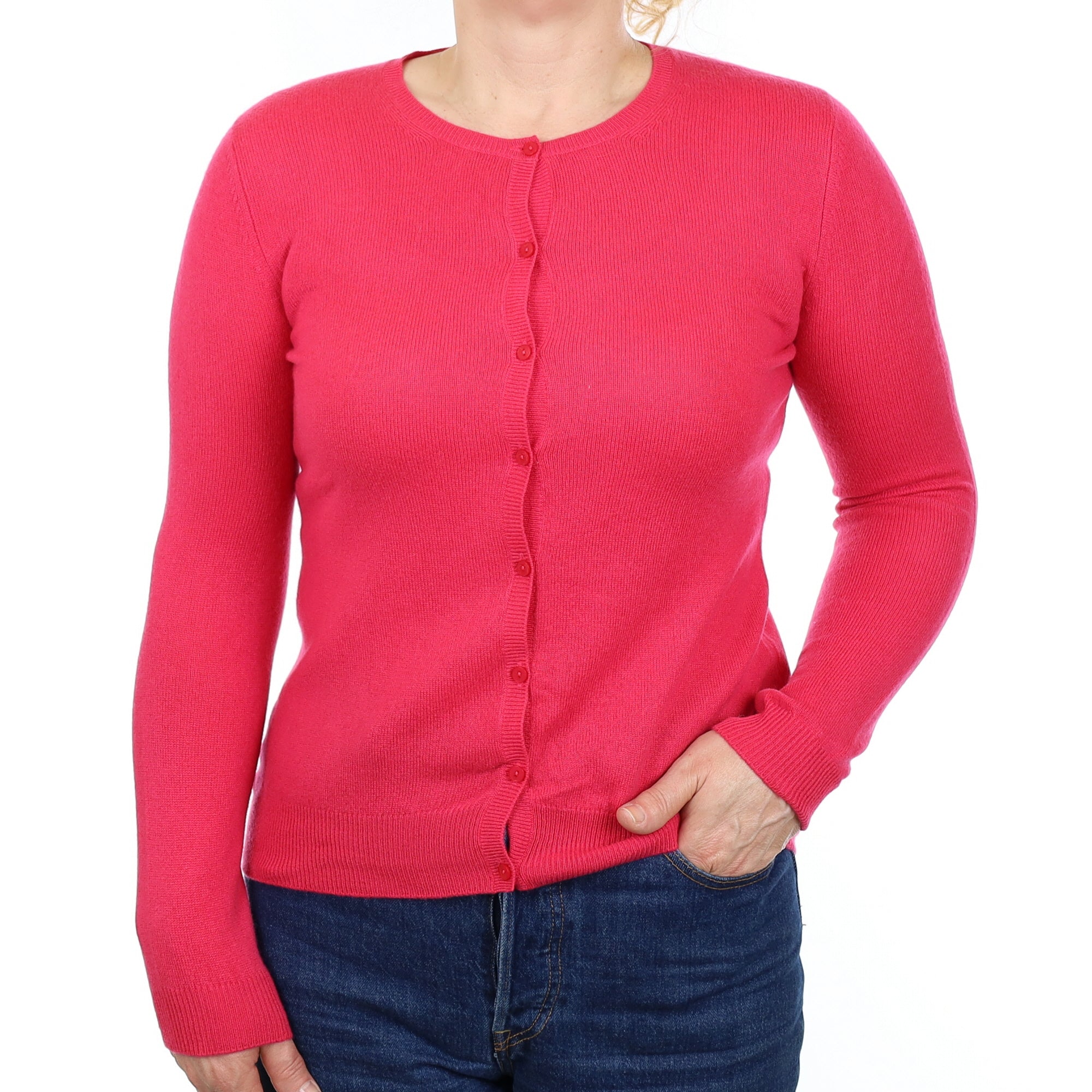 Fuchsia Pink Cashmere Crew Neck Cardigan Medium