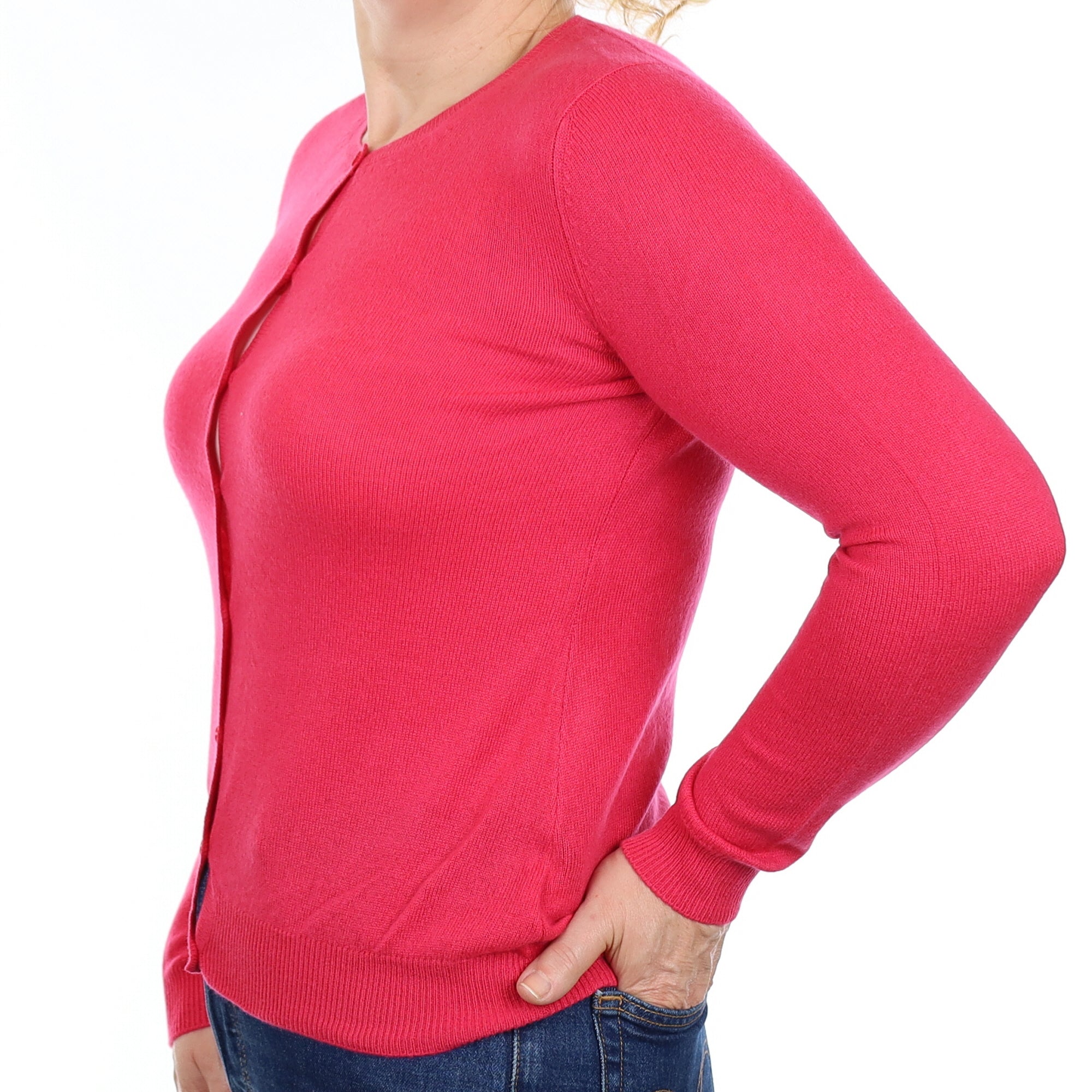 Fuchsia Pink Cashmere Crew Neck Cardigan Medium