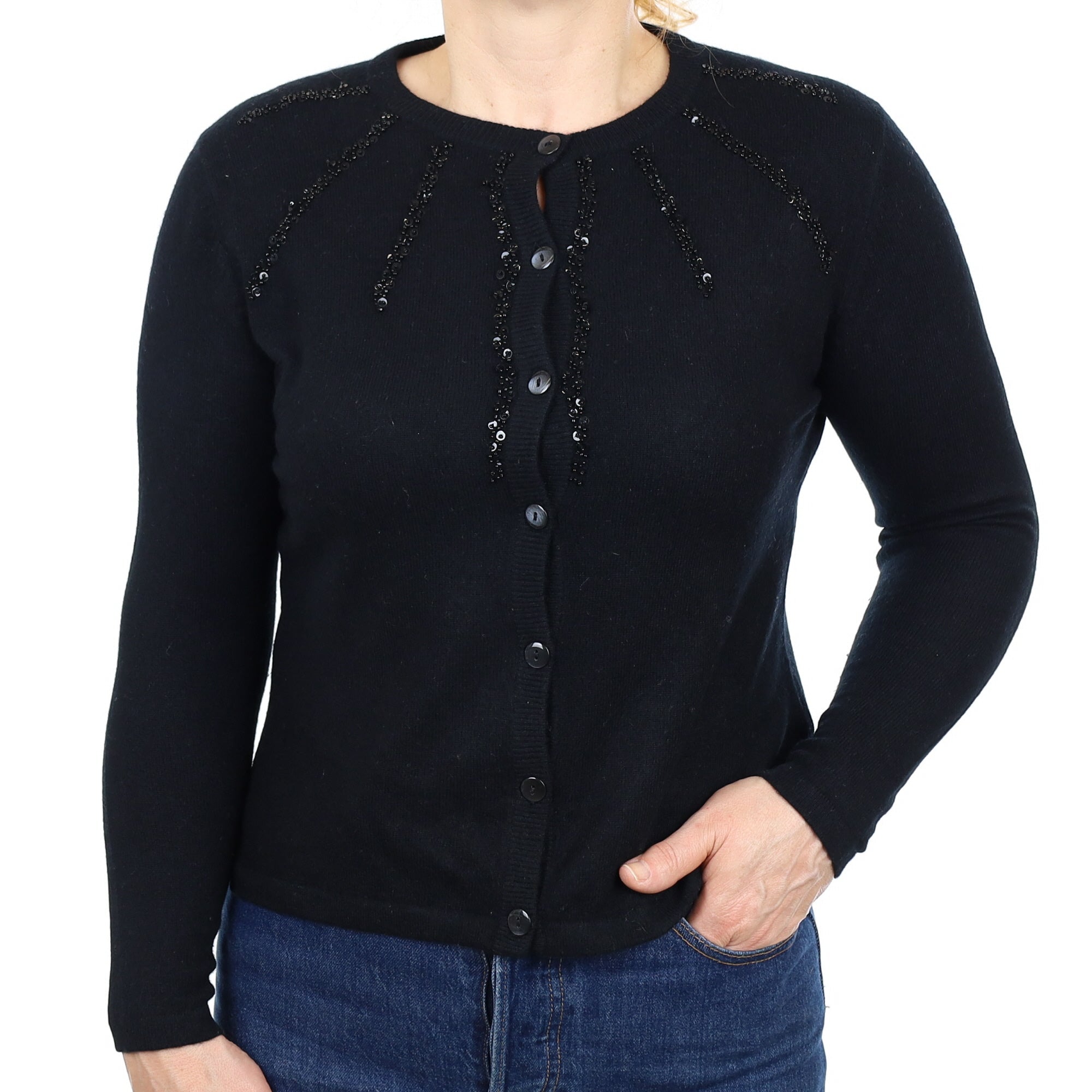 Black Embellished Cashmere Crew Neck Cardigan Medium