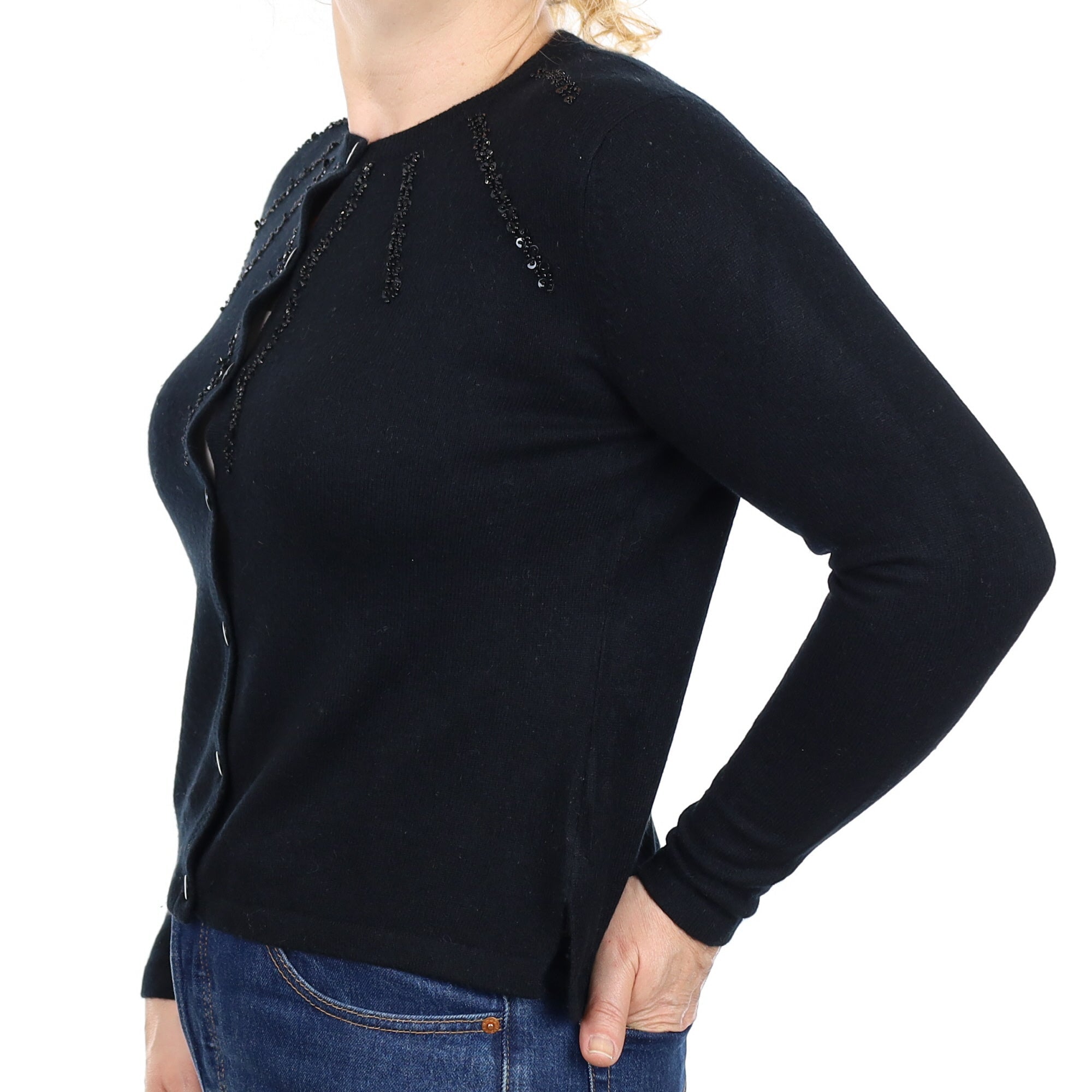 Black Embellished Cashmere Crew Neck Cardigan Medium