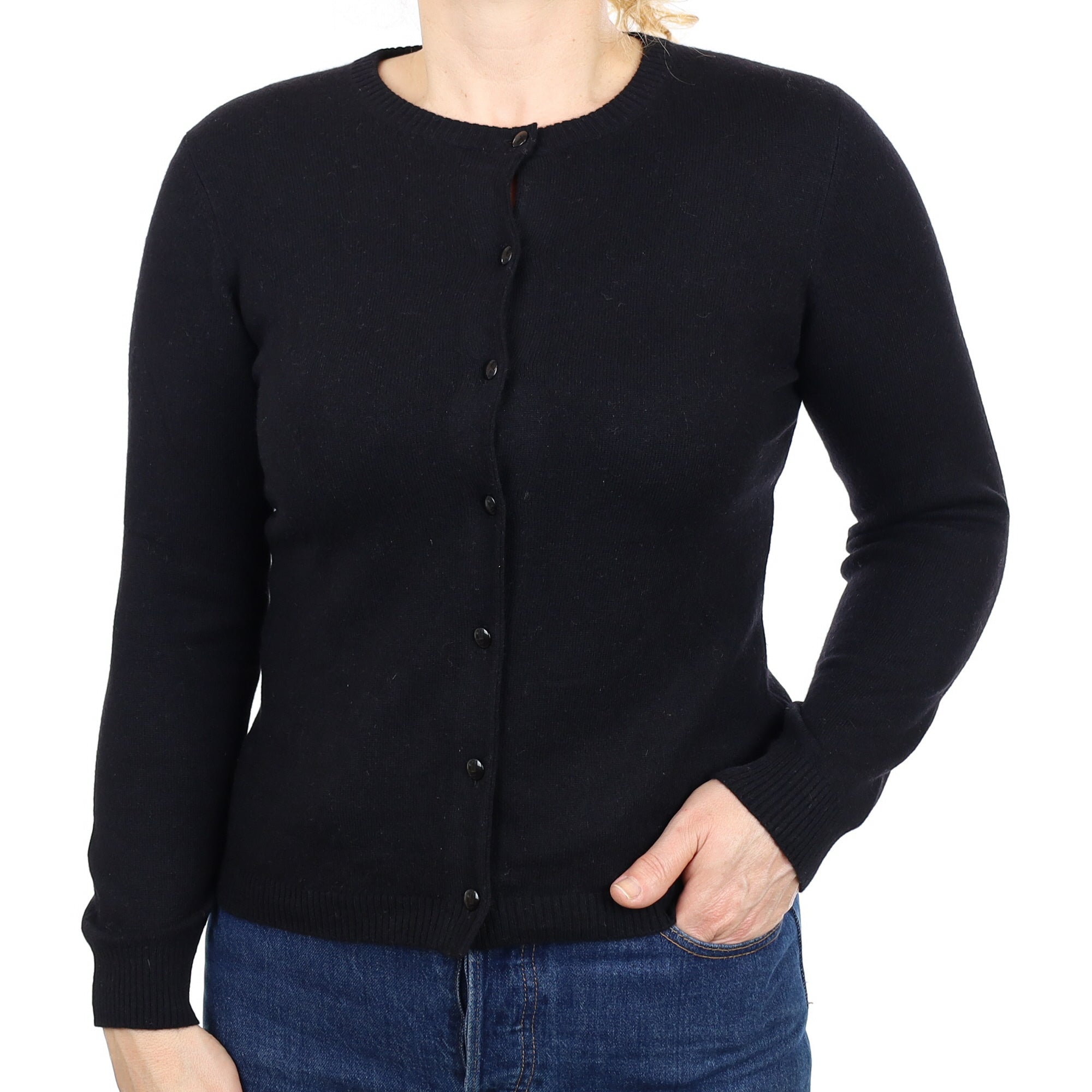 Black Cashmere Crew Neck Cardigan Medium