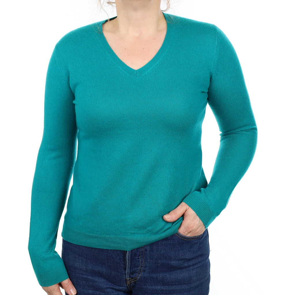 Peacock Green Cashmere V Neck Jumper Medium