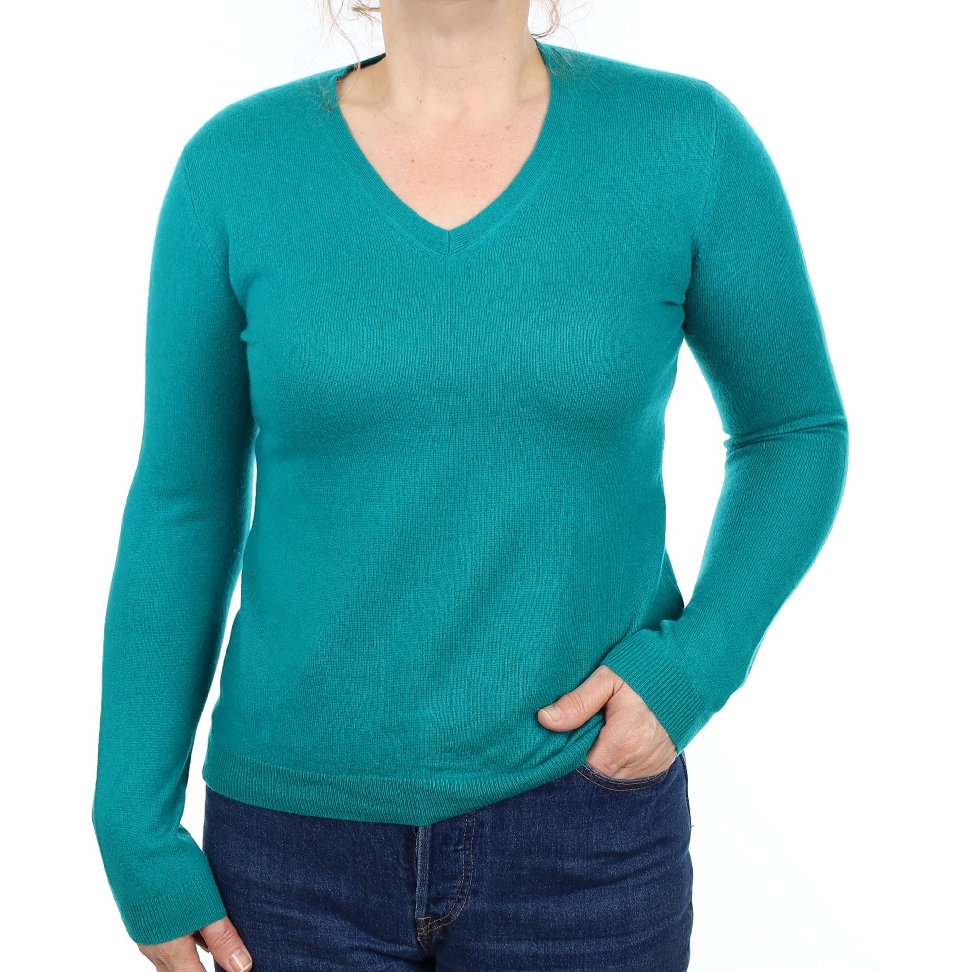 Peacock Green Cashmere V Neck Jumper Medium
