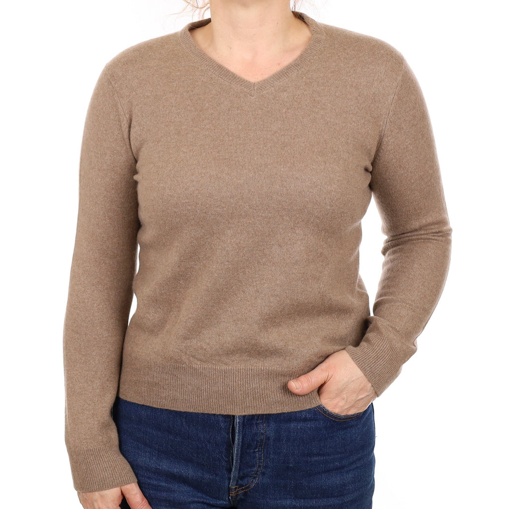 Taupe Brown Cashmere V Neck Jumper Medium