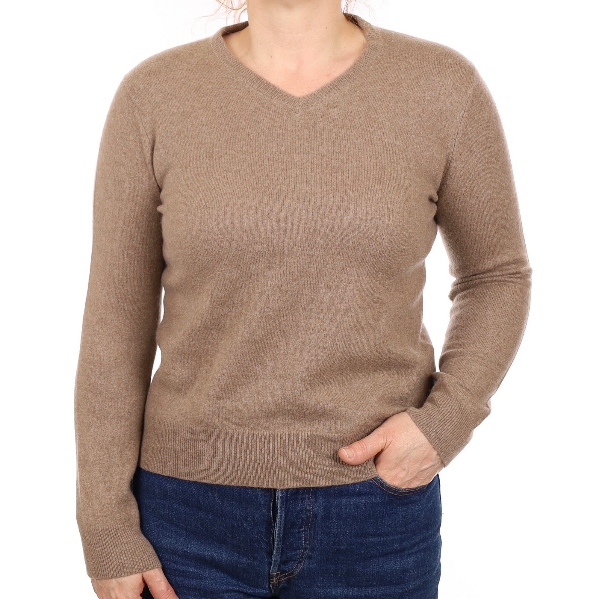 Taupe Brown Cashmere V Neck Jumper Medium