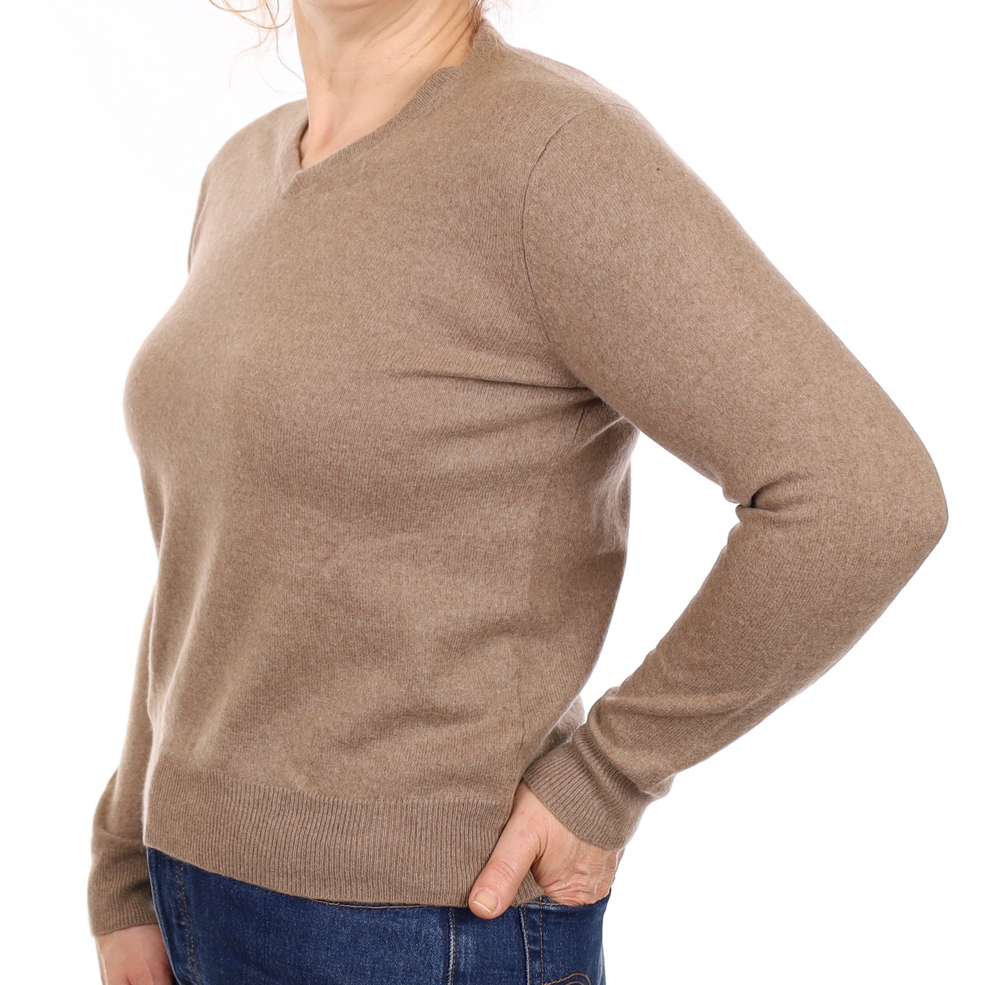 Taupe Brown Cashmere V Neck Jumper Medium