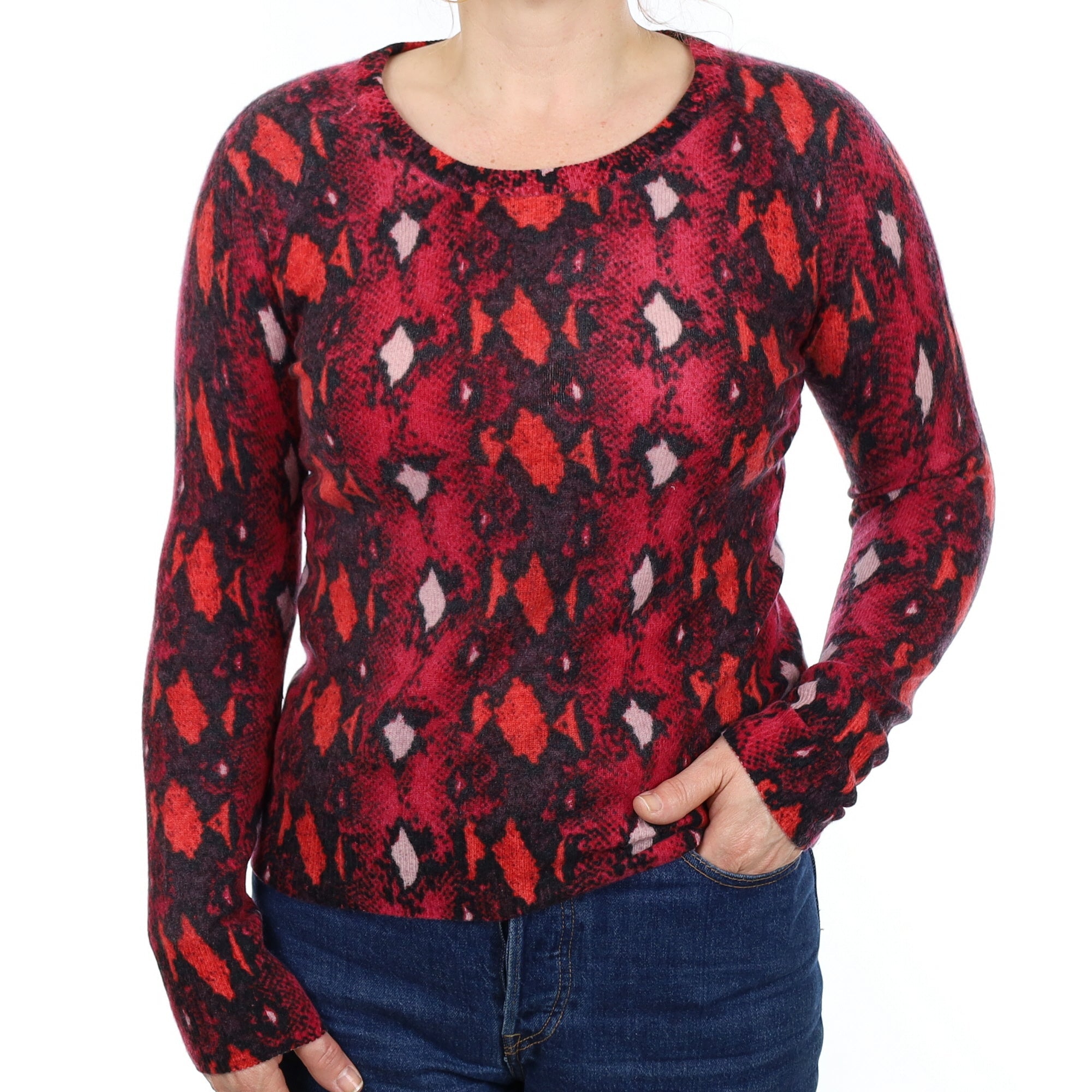 Cherry Pink Snake Print Cashmere Crew Neck Jumper Medium
