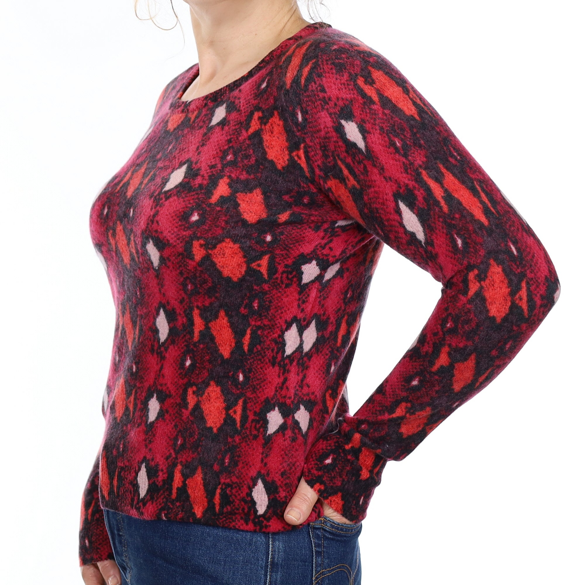 Cherry Pink Snake Print Cashmere Crew Neck Jumper Medium