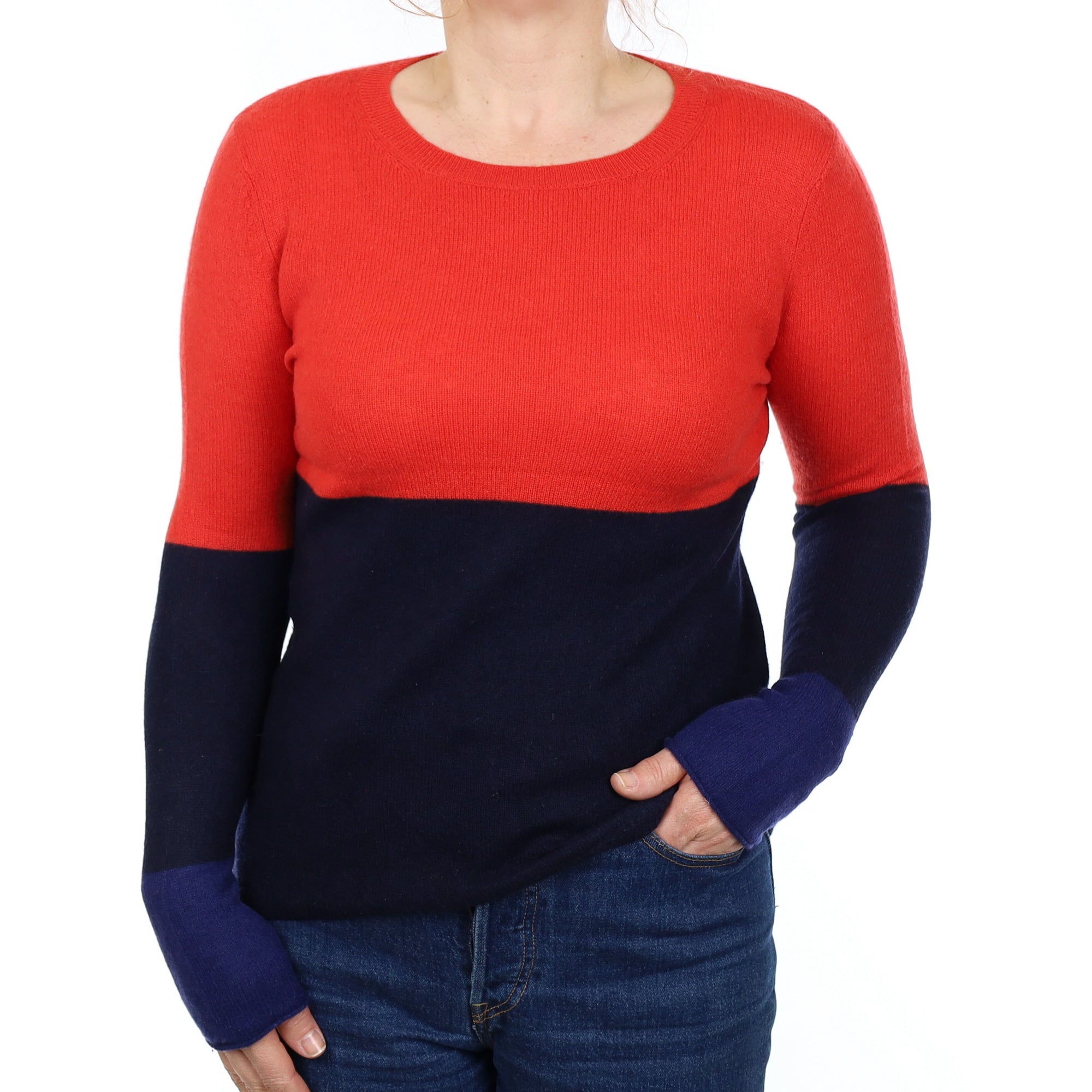 Vermillion and Navy Cashmere Crew Neck Jumper Medium