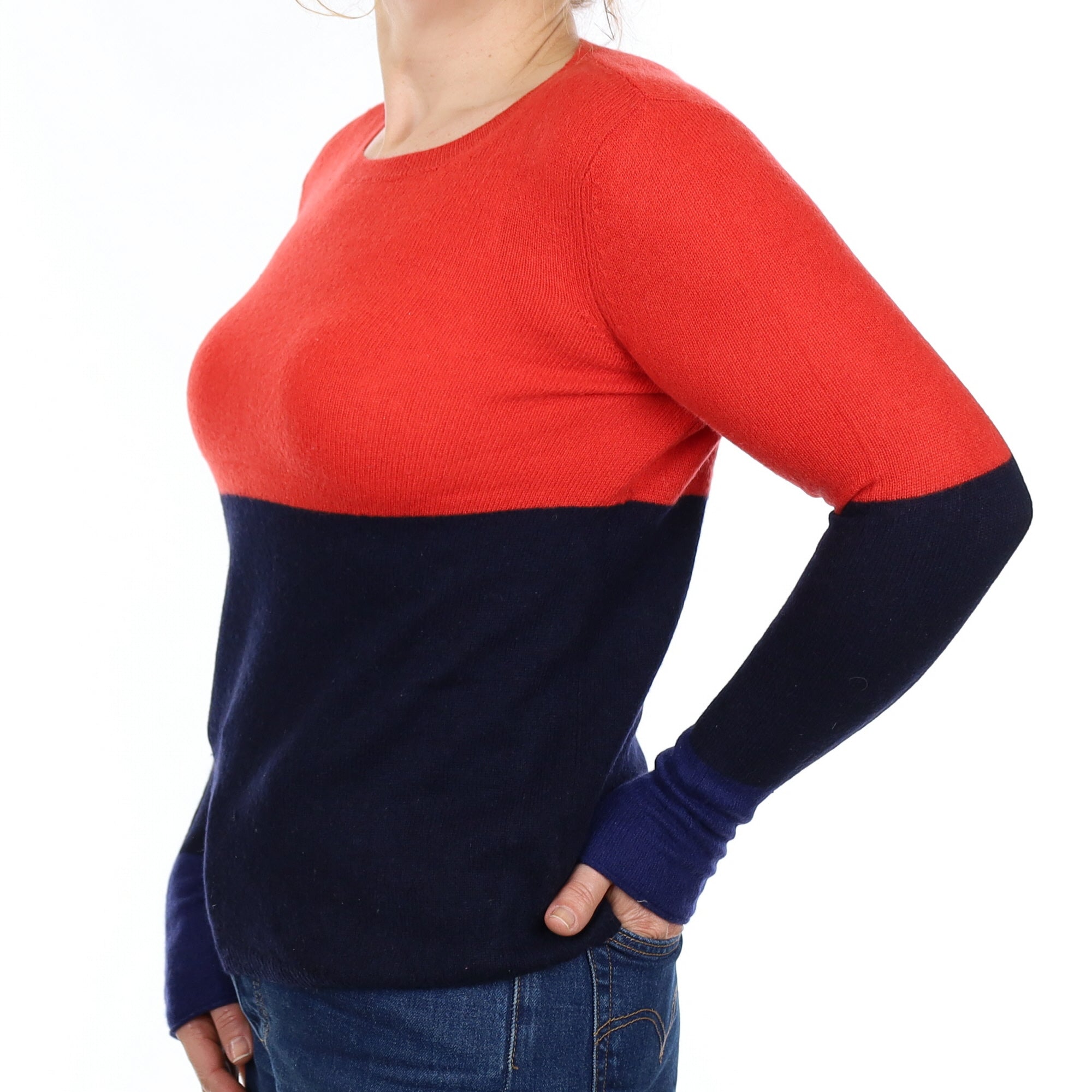 Vermillion and Navy Cashmere Crew Neck Jumper Medium