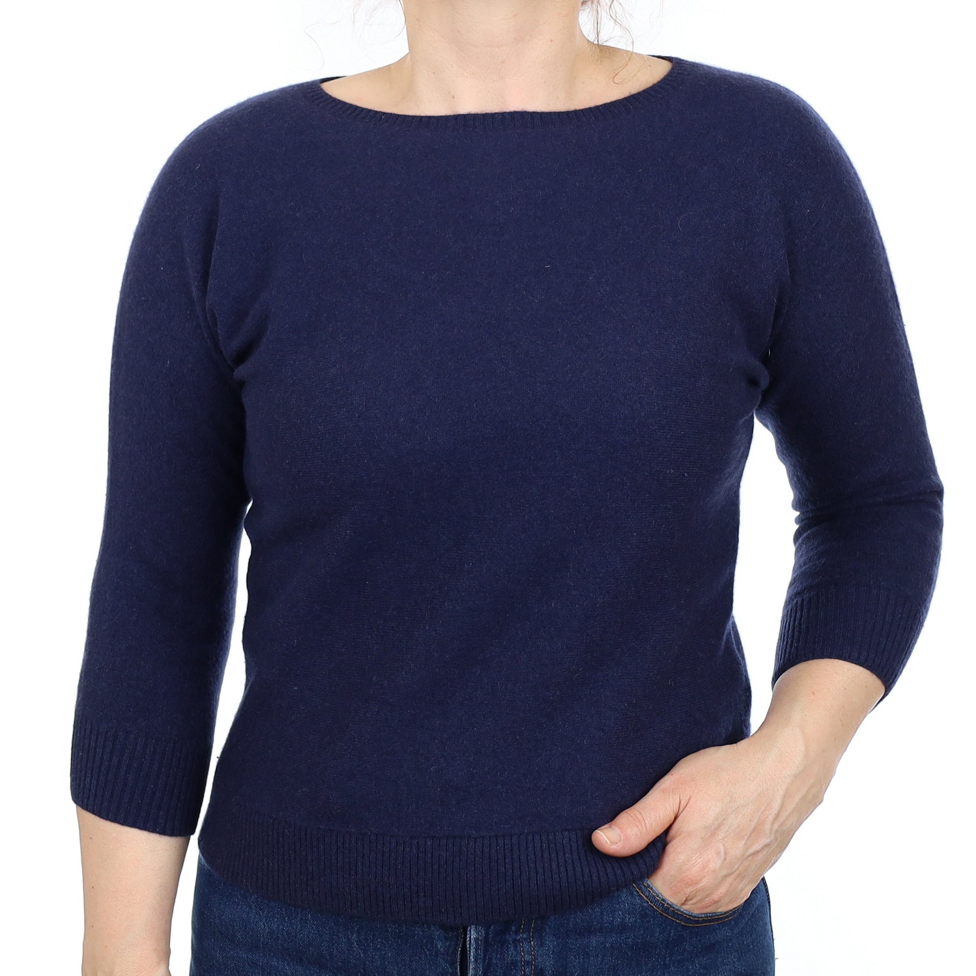 Navy Cashmere Batwing Boat Neck Jumper Medium
