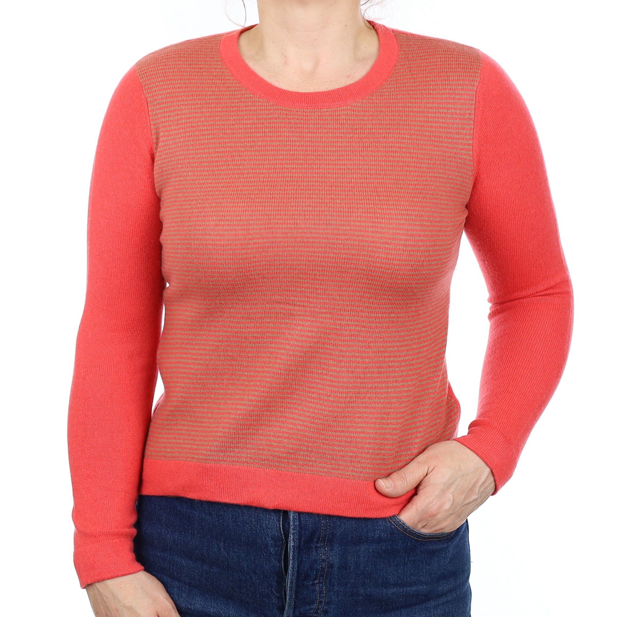 Watermelon and Caramel Stripe Cashmere Crew Neck Jumper Medium