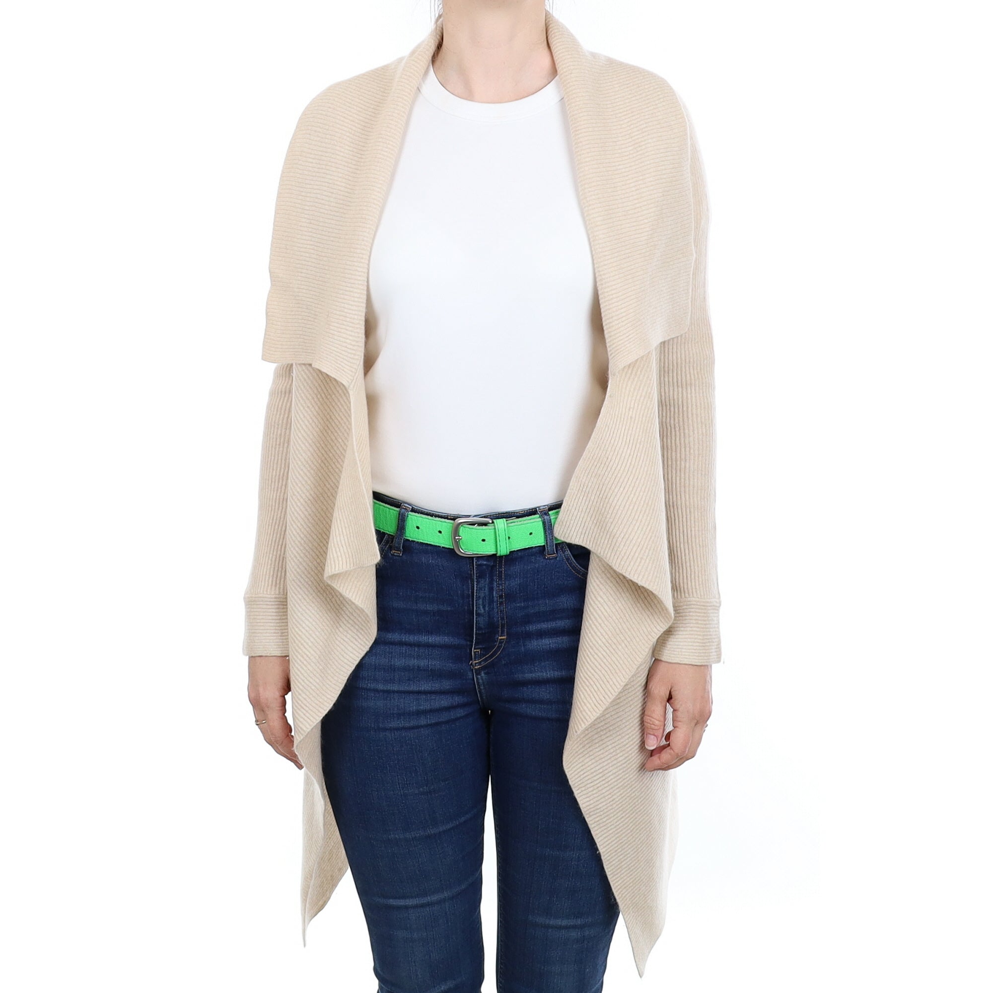 Honey Beige Rib Cashmere Longline Waterfall Cardigan Small