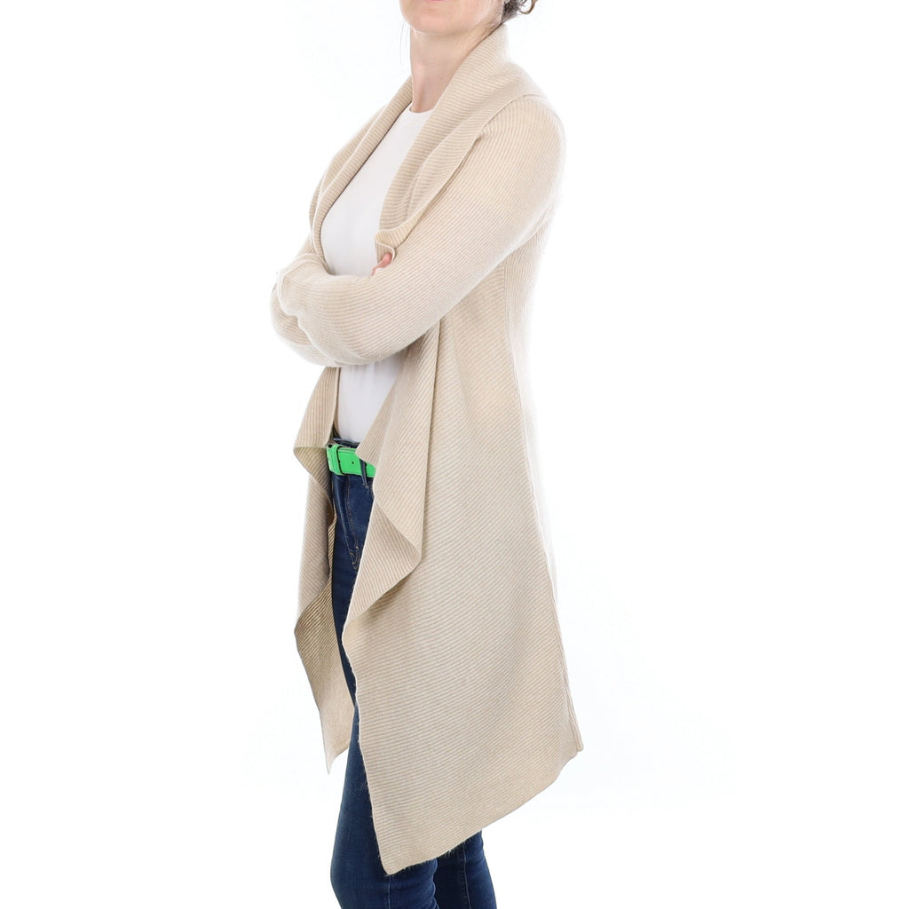 Honey Beige Rib Cashmere Longline Waterfall Cardigan Small