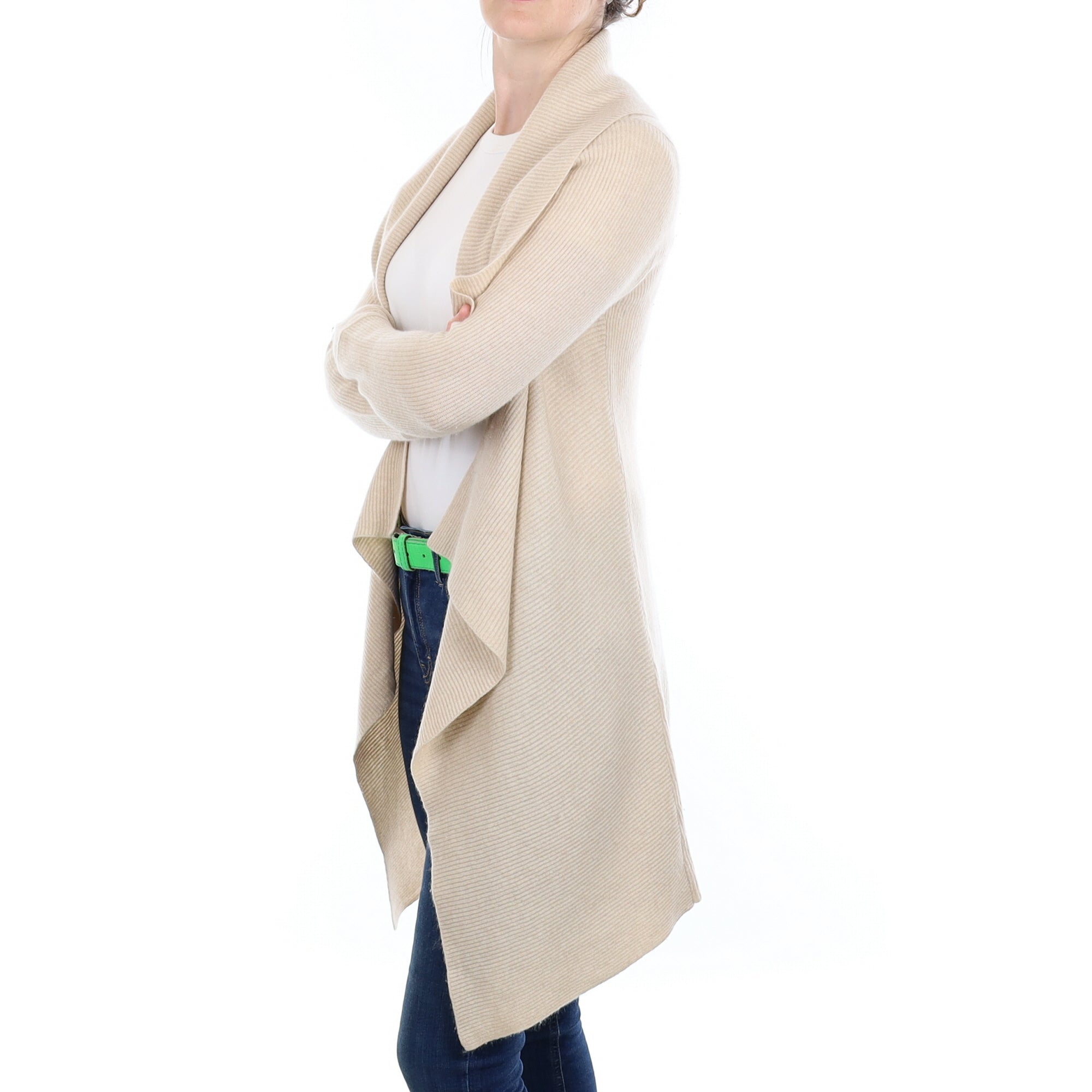 Honey Beige Rib Cashmere Longline Waterfall Cardigan Small