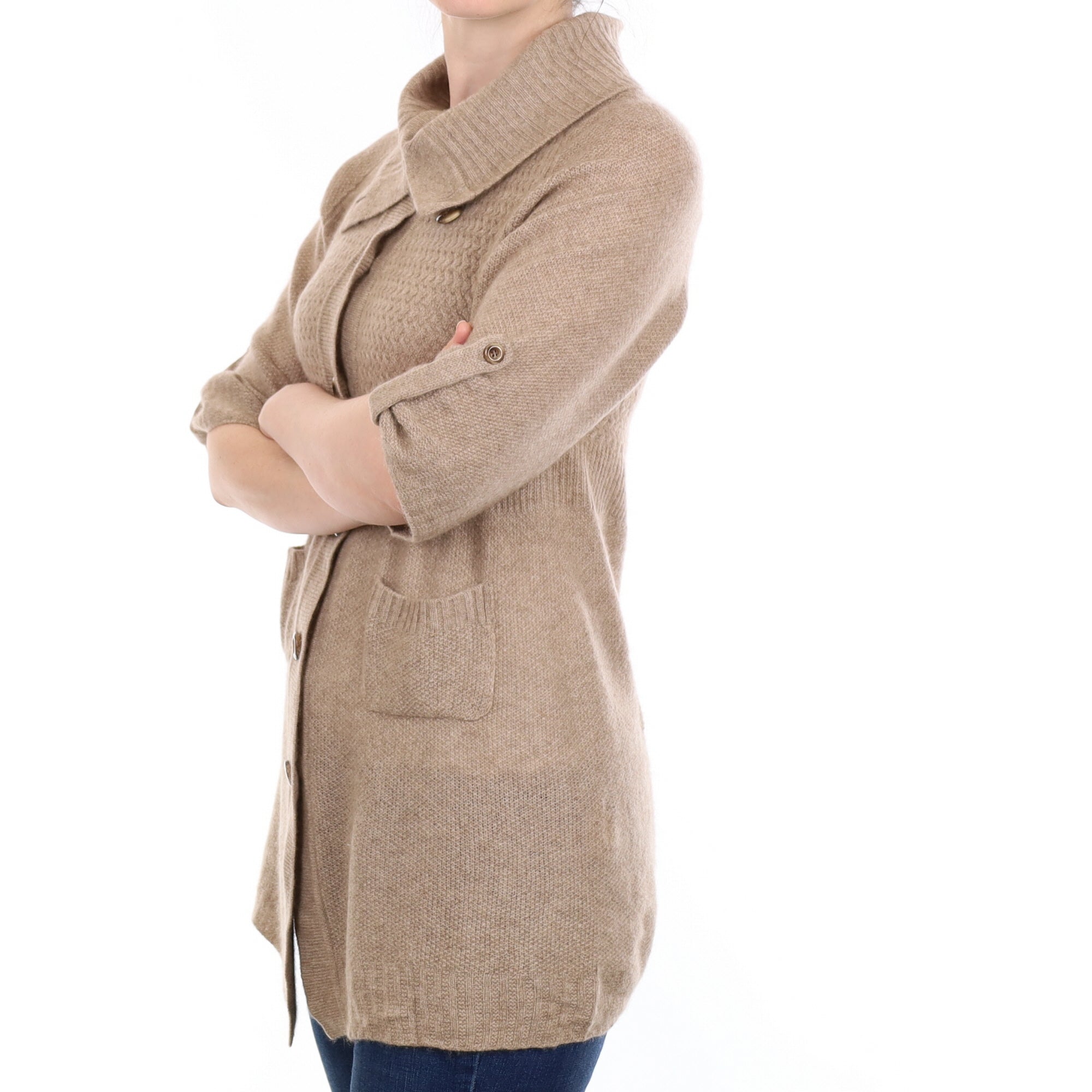 Fawn Textured Cashmere Longline Cardigan with Pockets Small
