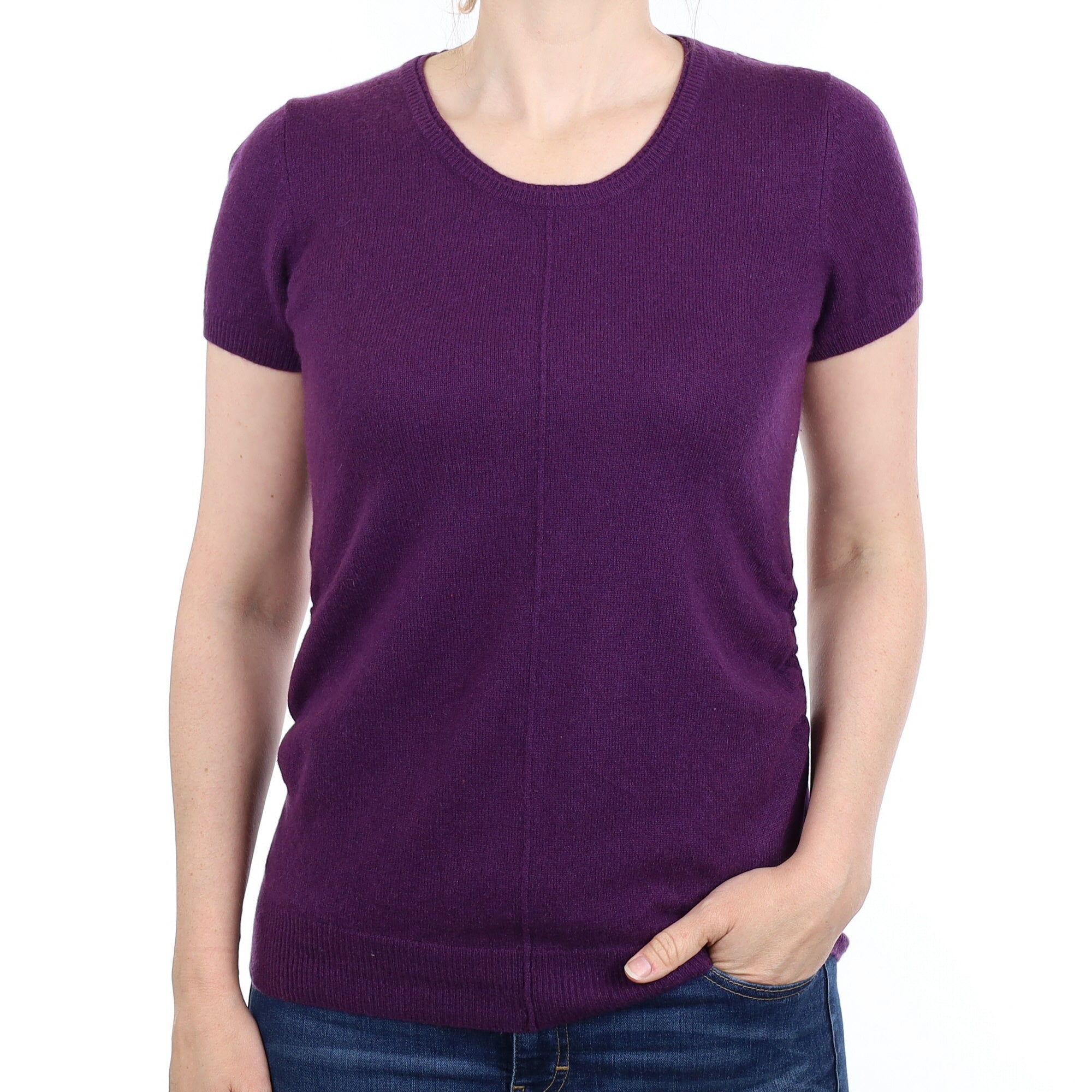 Purple Ruched Side Cashmere Short Sleeve Crew Neck Jumper Small