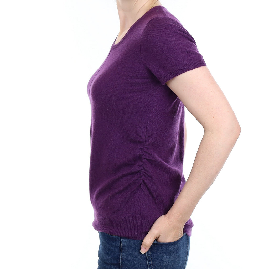 Purple Ruched Side Cashmere Short Sleeve Crew Neck Jumper Small