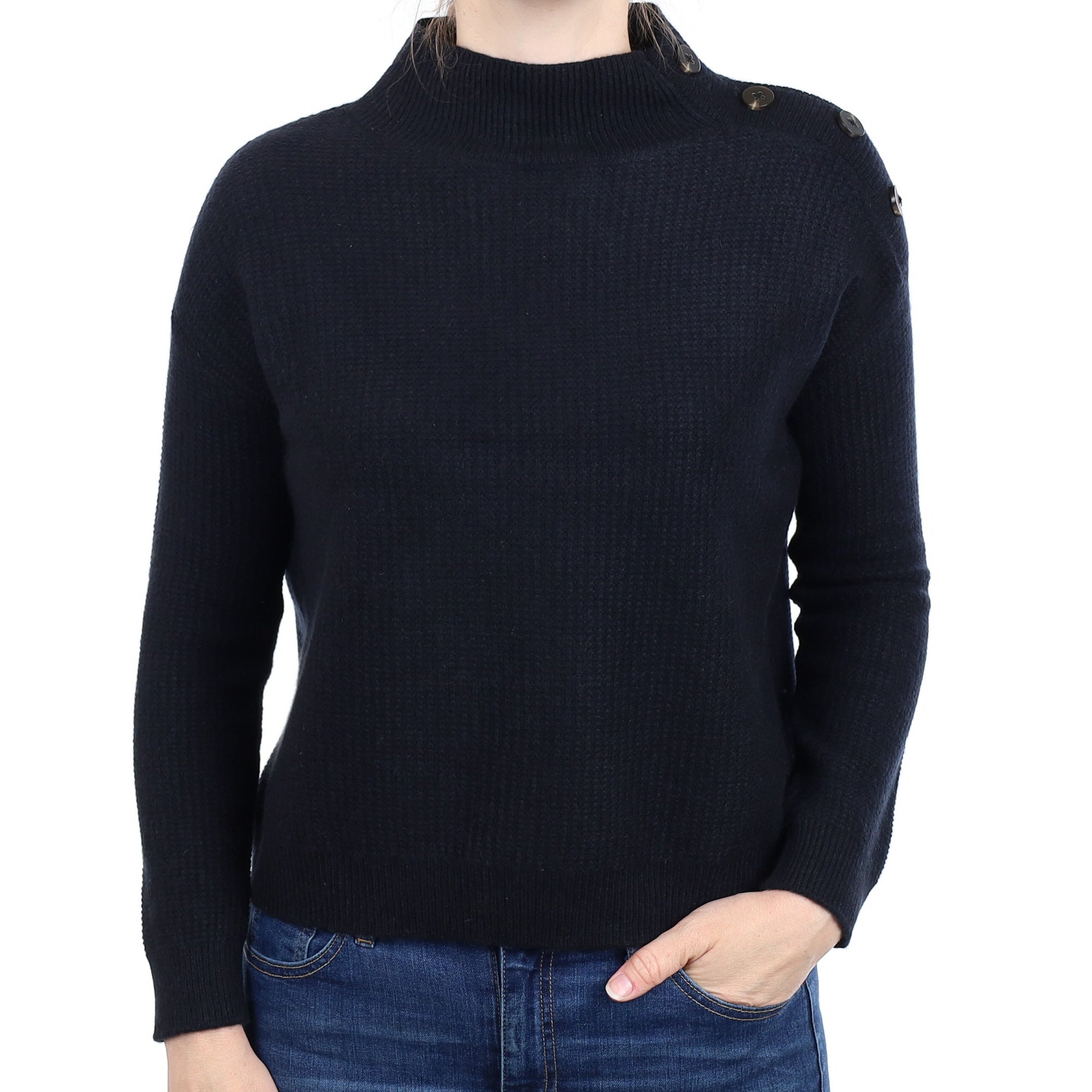 Black Waffle Cashmere Buttoned Turtleneck Jumper Small