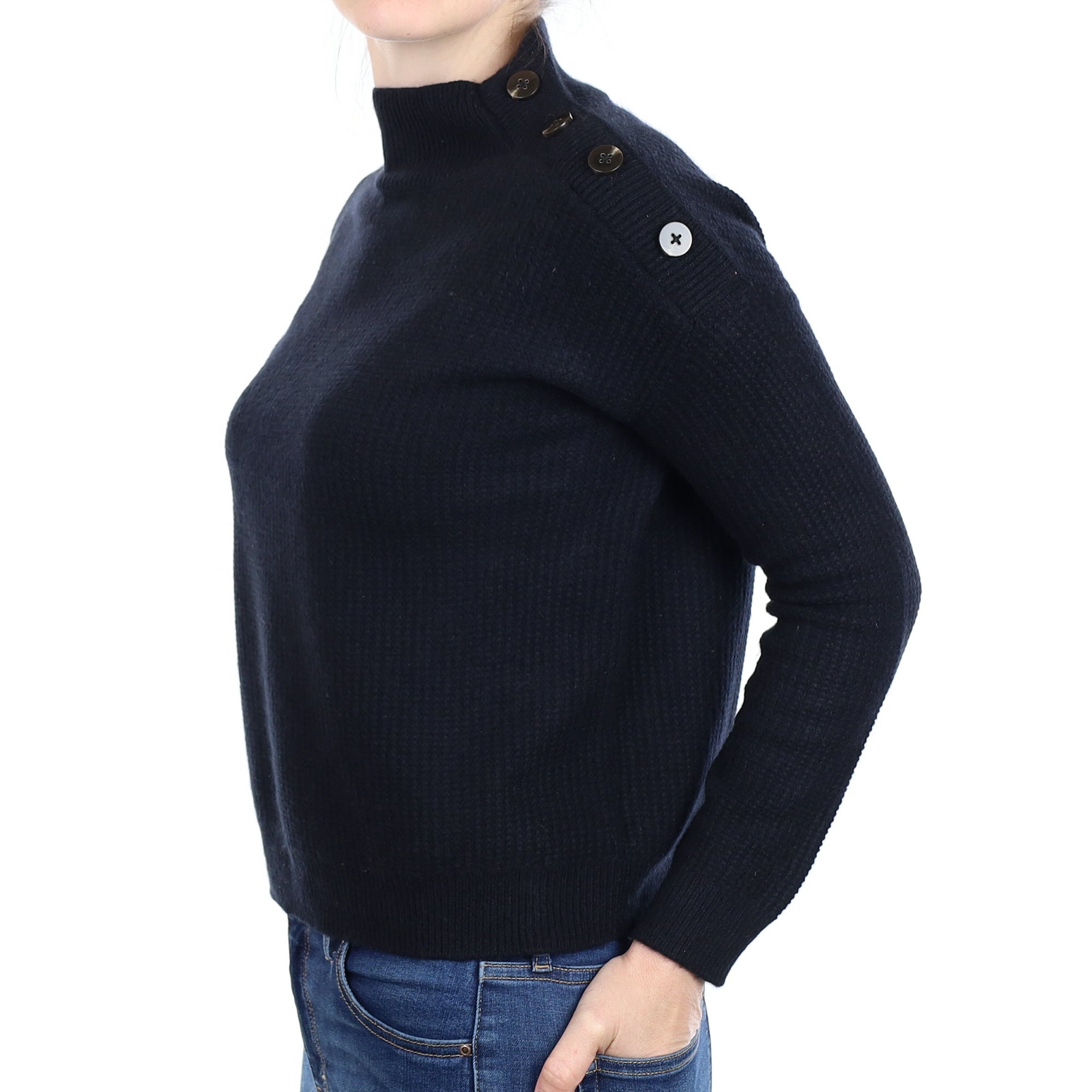 Black Waffle Cashmere Buttoned Turtleneck Jumper Small