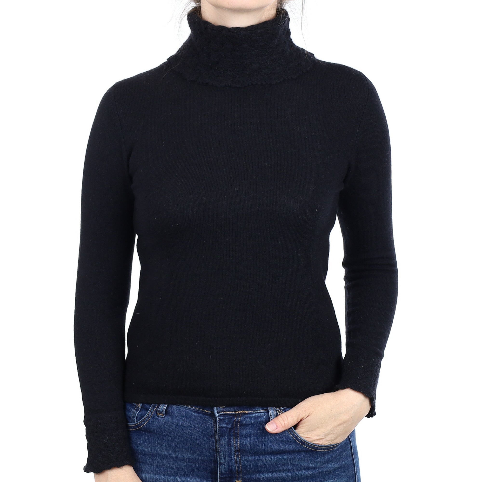 Black Cashmere Crochet Polo Neck Jumper Small