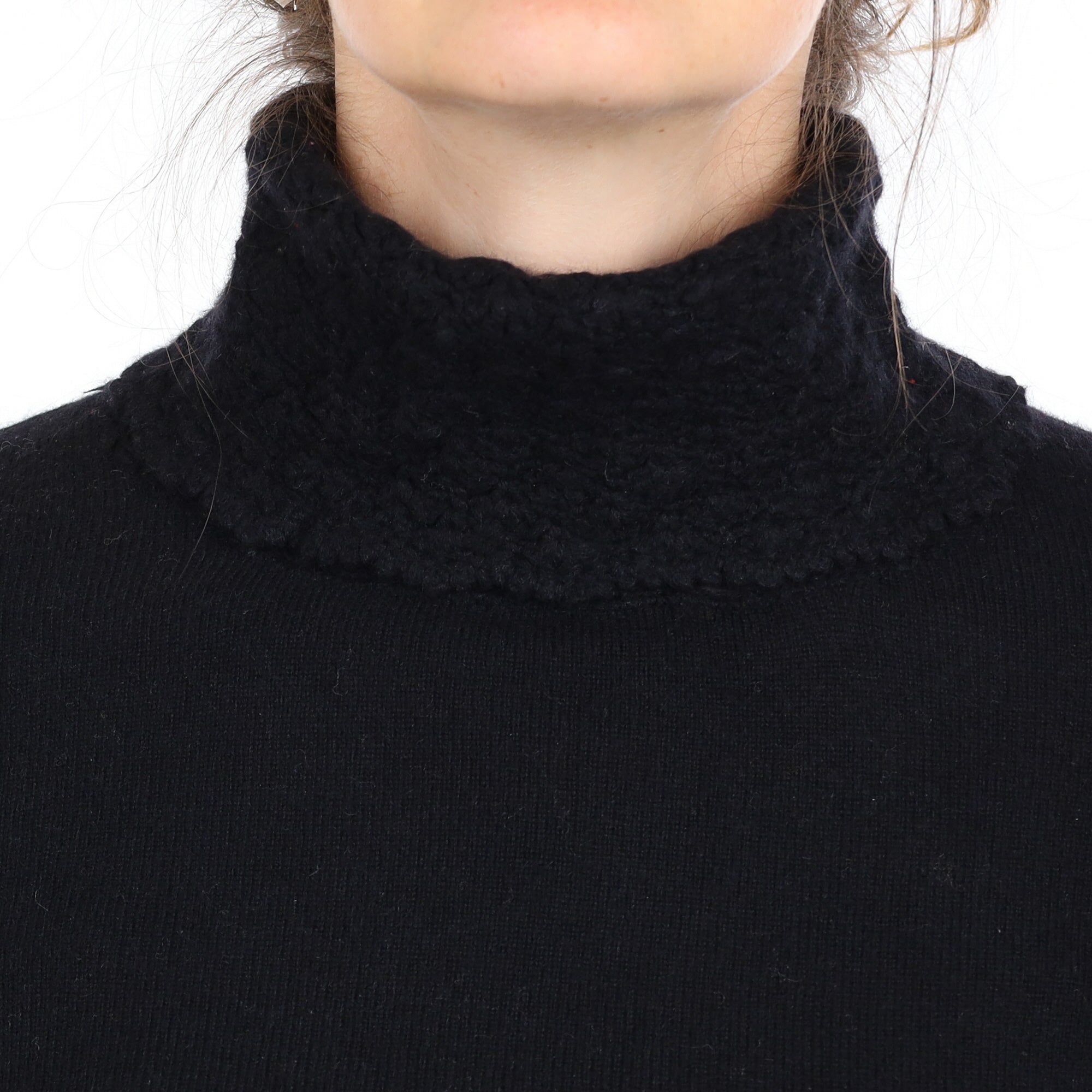 Black Cashmere Crochet Polo Neck Jumper Small