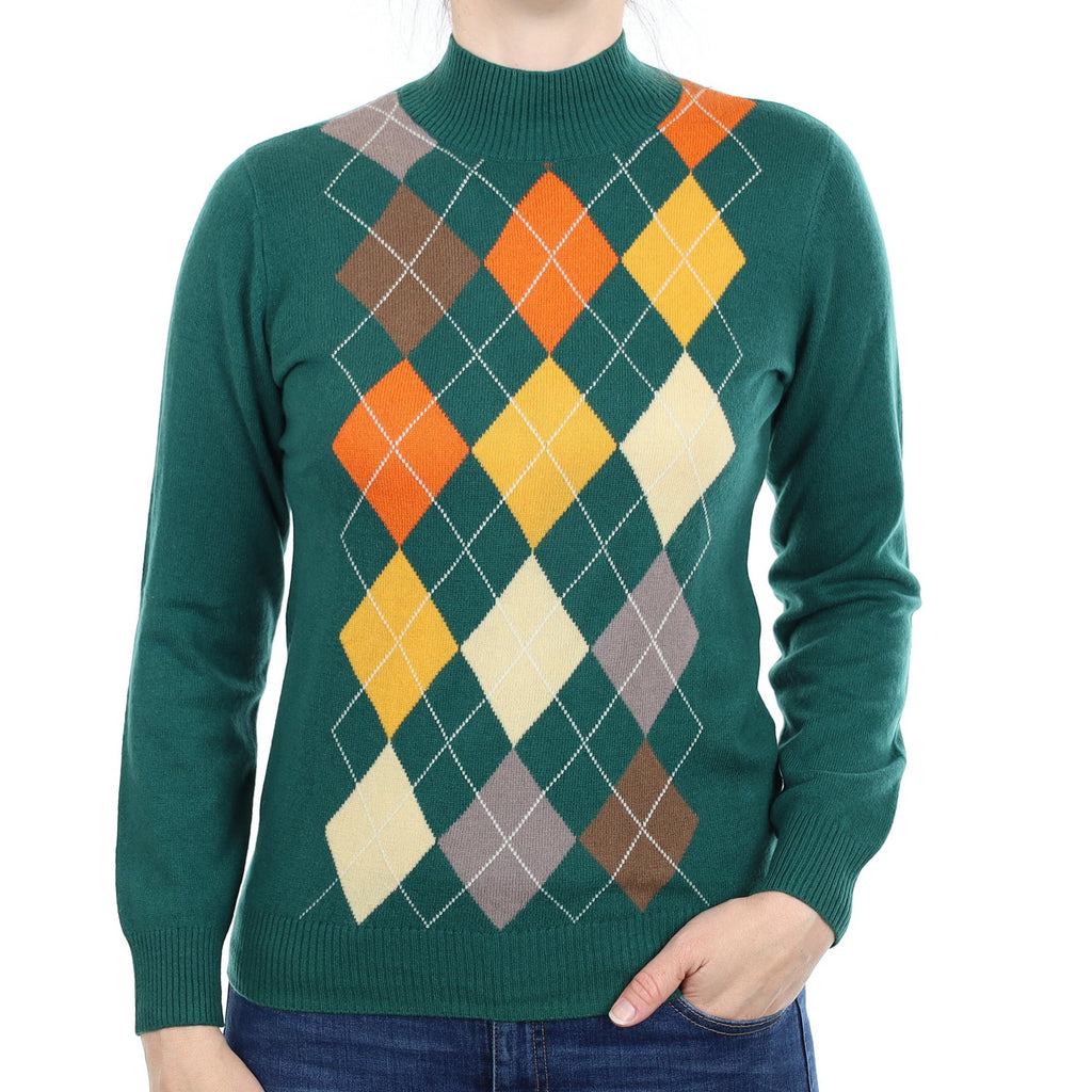 Green and Orange Argyle Cashmere Turtleneck Jumper Small