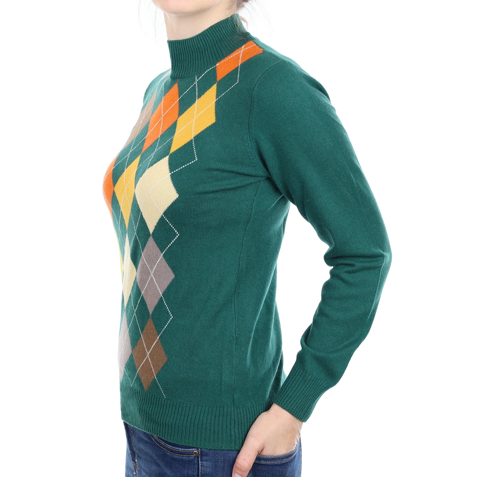 Green and Orange Argyle Cashmere Turtleneck Jumper Small