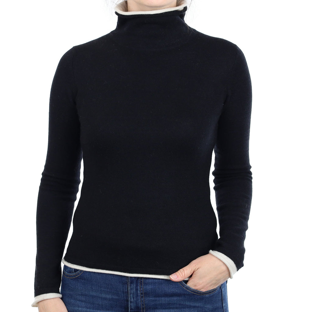 Black Ivory Trimmed Cashmere Turtleneck Jumper Small