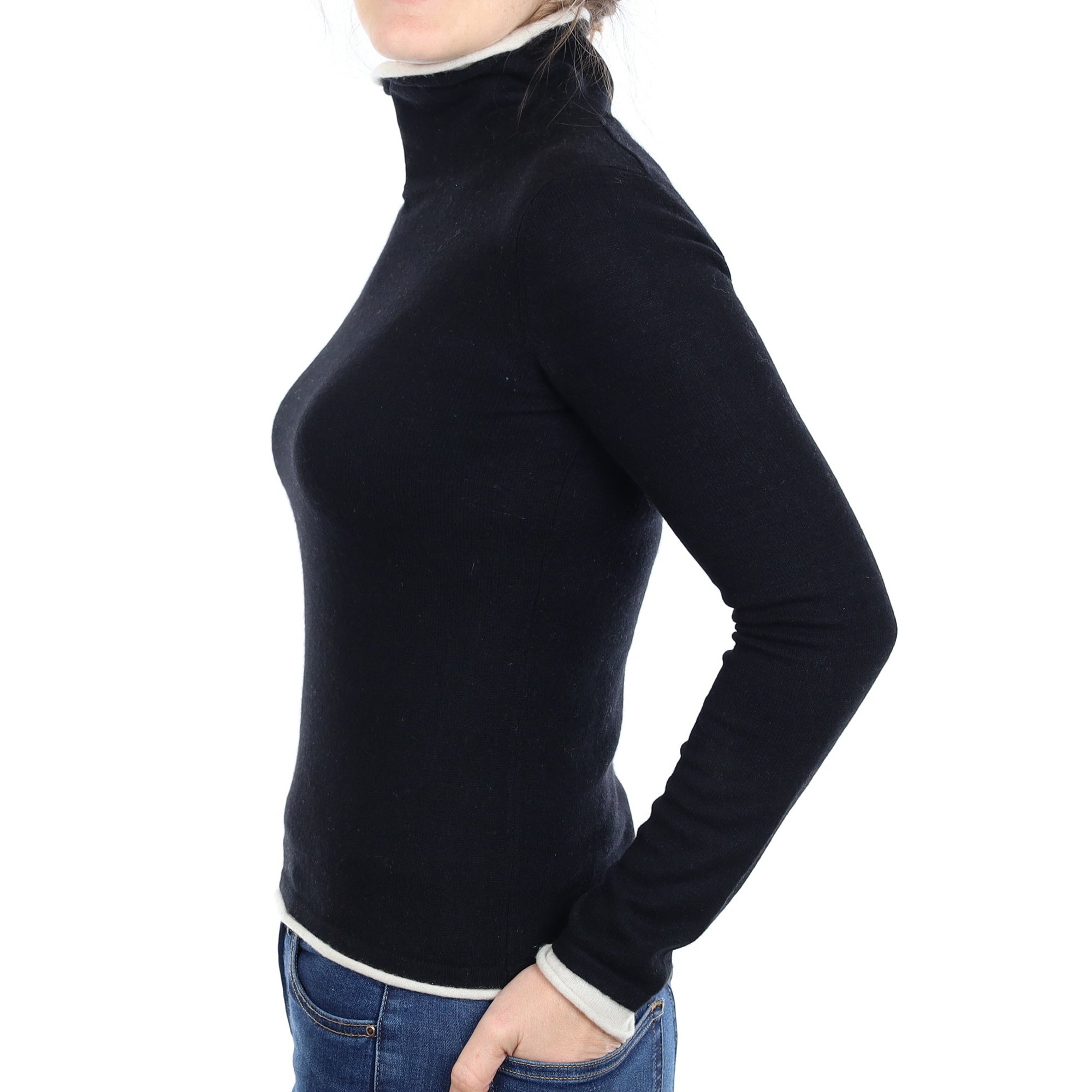 Black Ivory Trimmed Cashmere Turtleneck Jumper Small