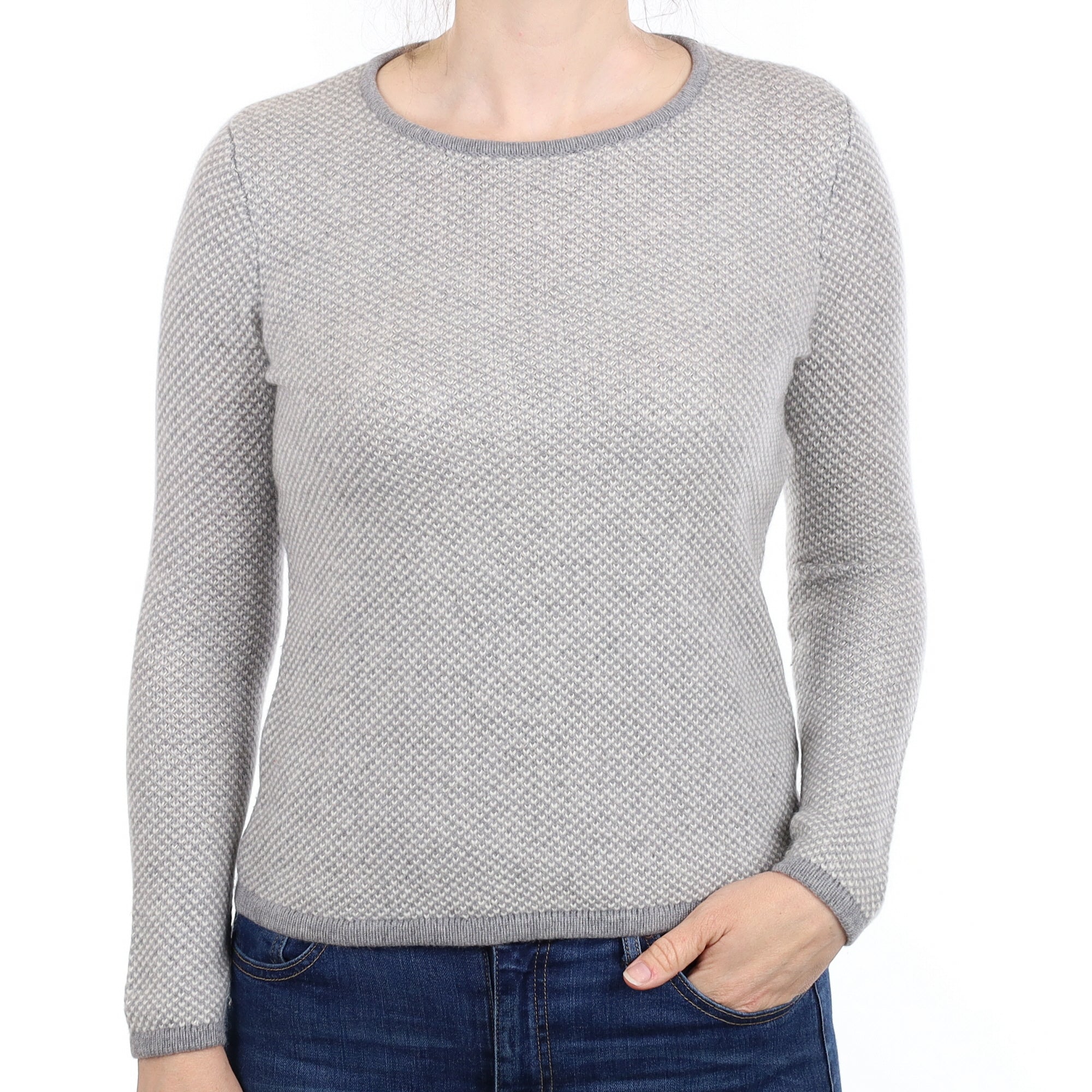 Grey Patterned Cashmere Textured Knit Crew Neck Jumper Small