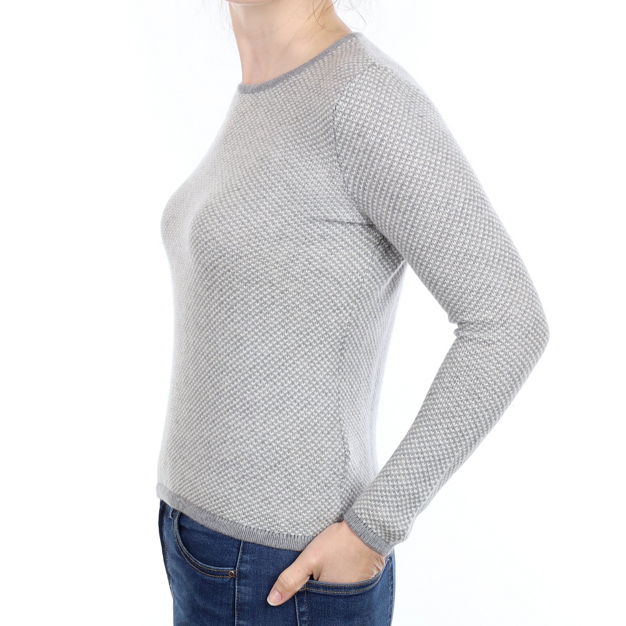 Grey Patterned Cashmere Textured Knit Crew Neck Jumper Small