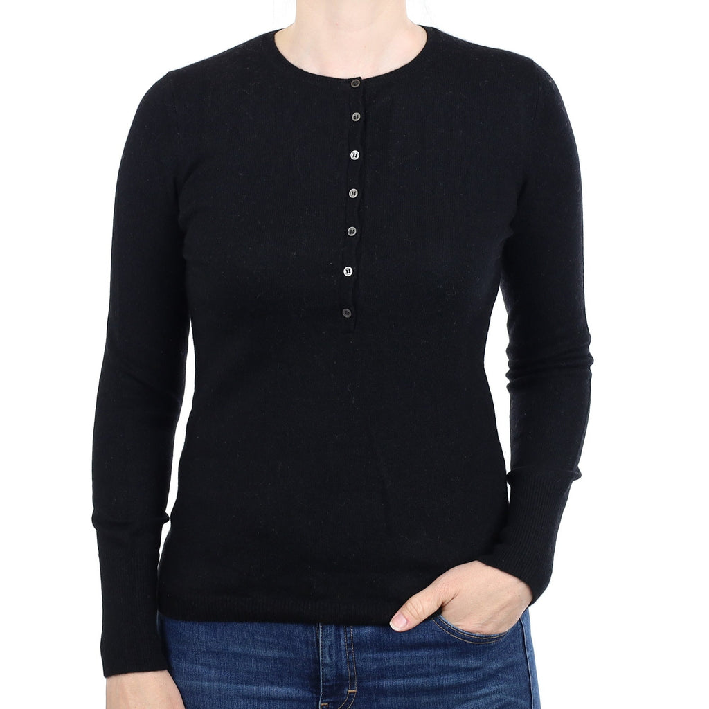 Black Cashmere Quarter Button Crew Neck Jumper Small