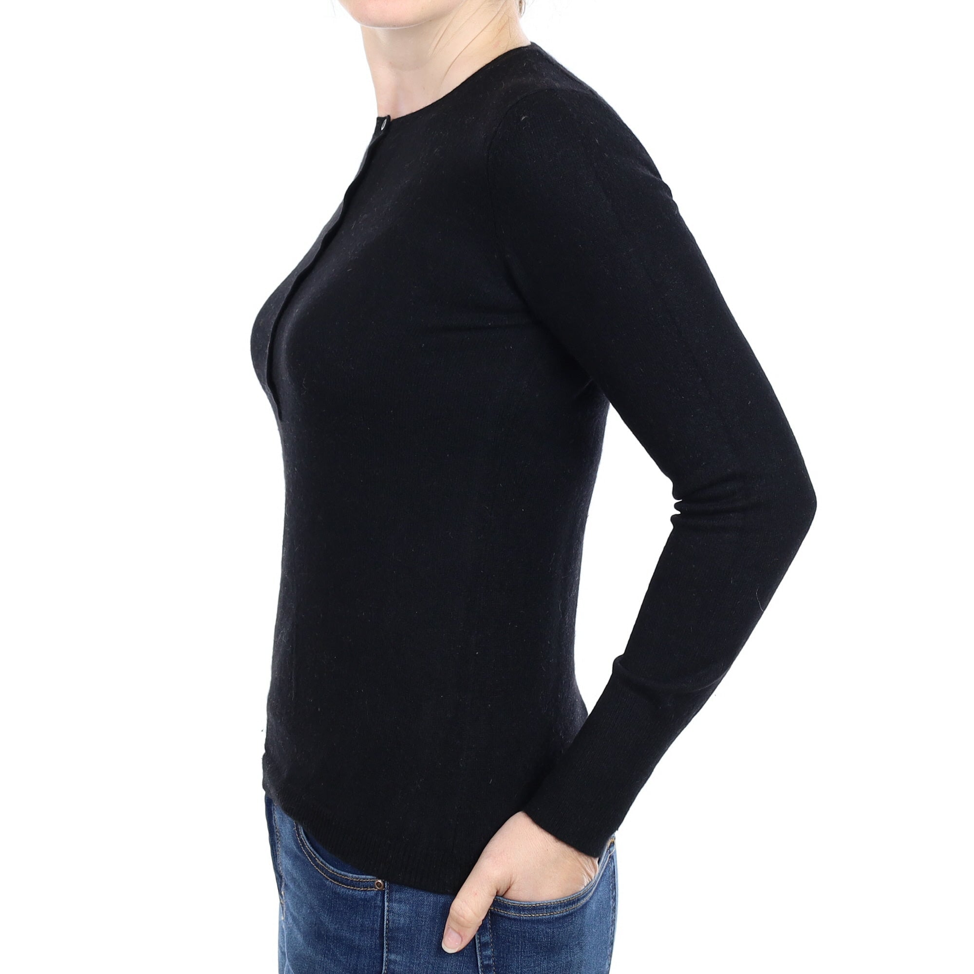 Black Cashmere Quarter Button Crew Neck Jumper Small