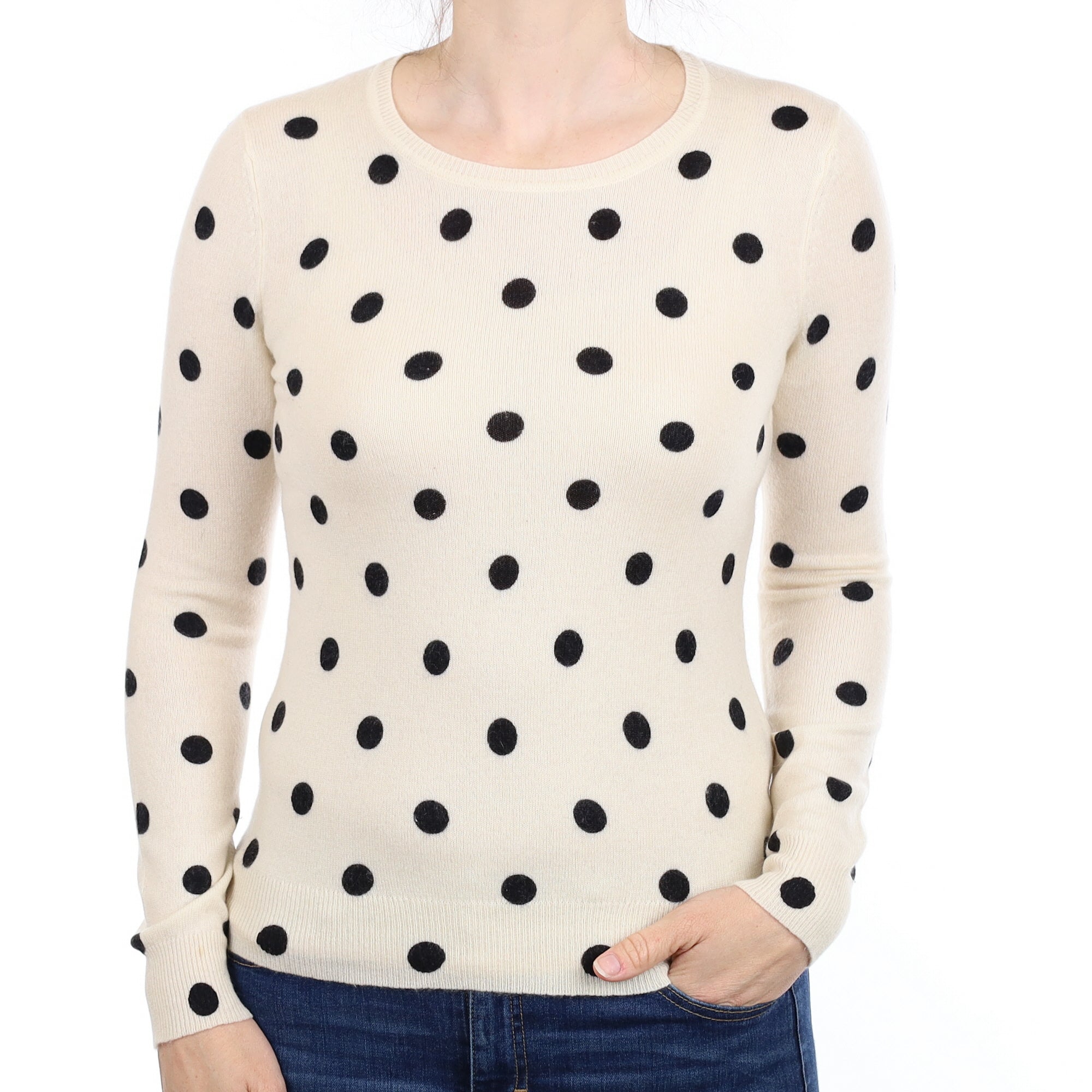 Cream and Black Polka Dot Cashmere Crew Neck Jumper Small