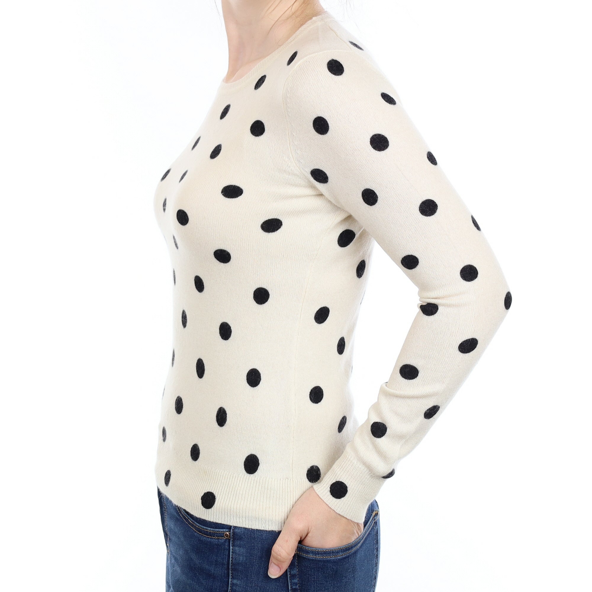 Cream and Black Polka Dot Cashmere Crew Neck Jumper Small