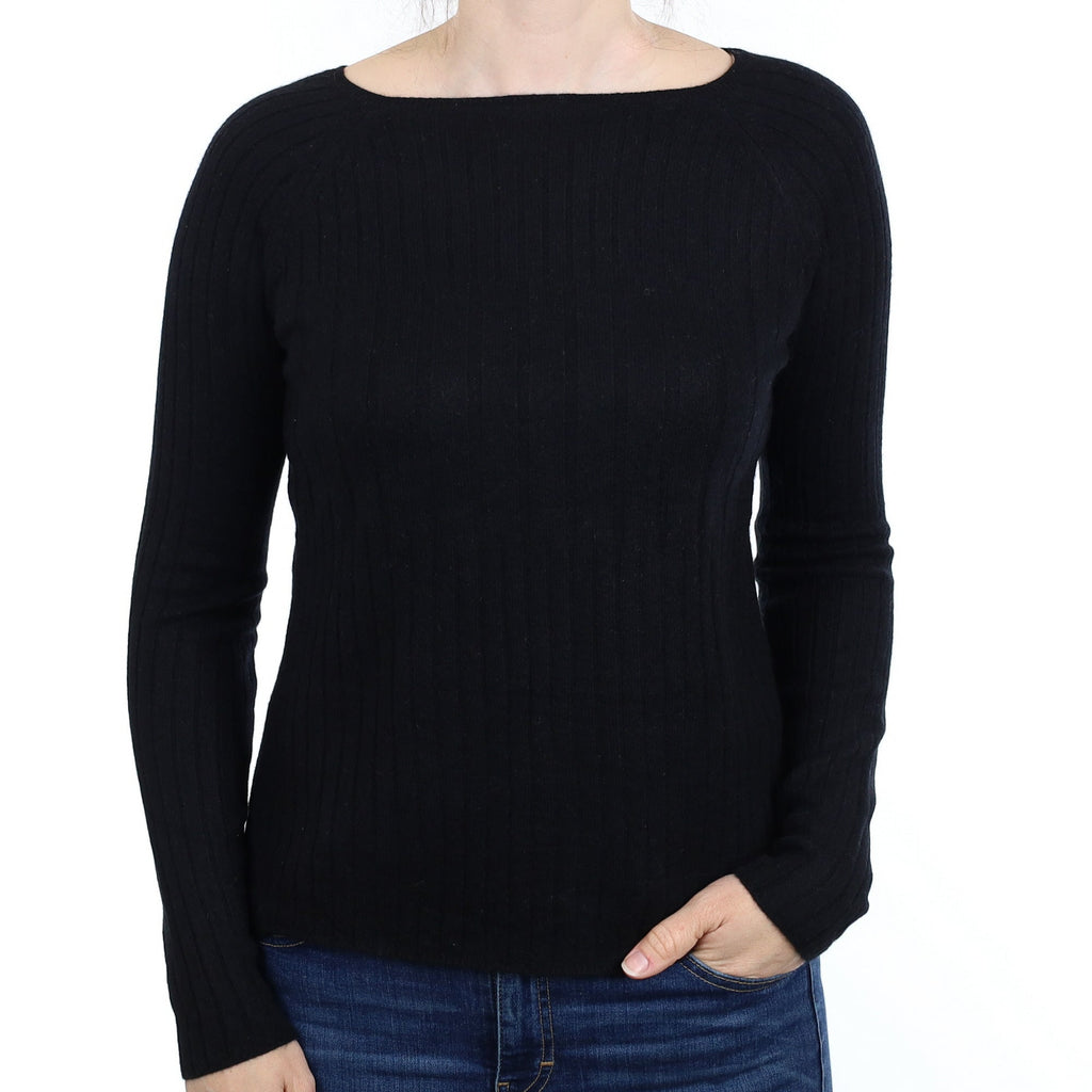 Theory Black Ribbed Cashmere Crew Neck Jumper Small