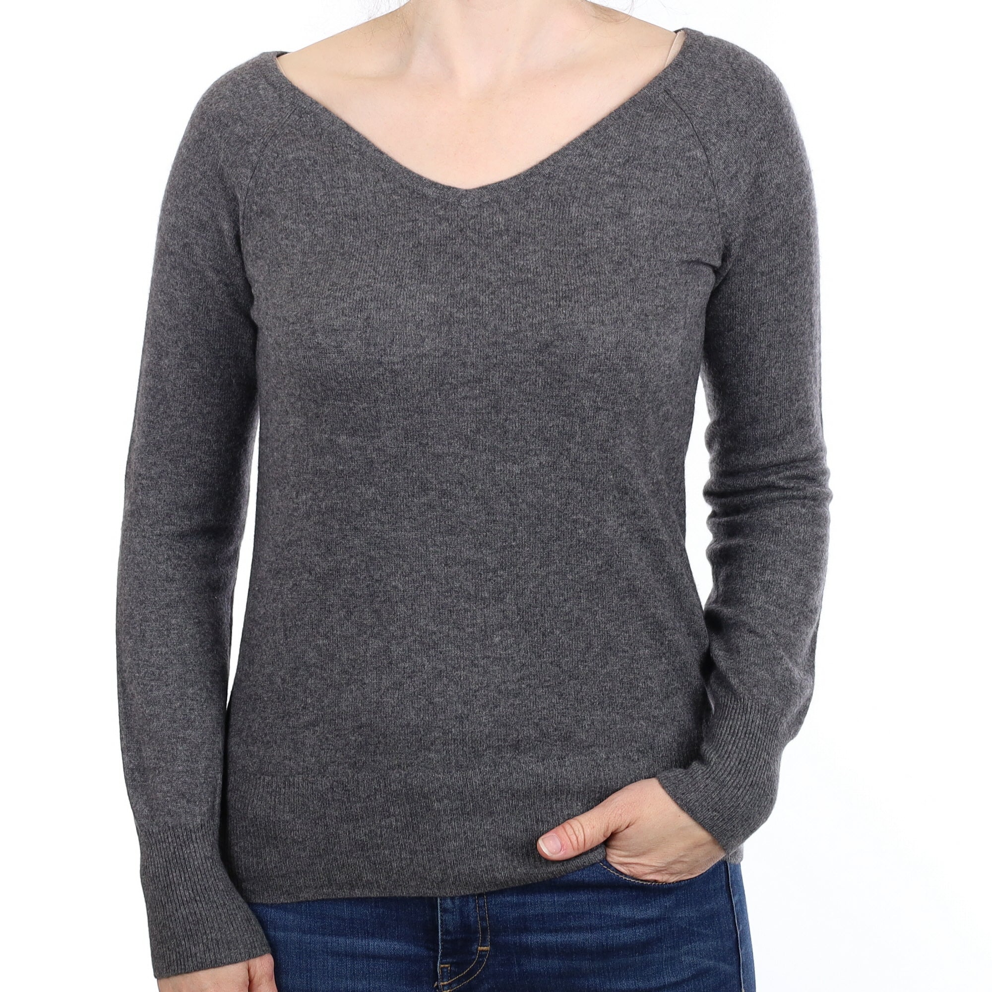 Slate Grey Cashmere V Neck Jumper Small