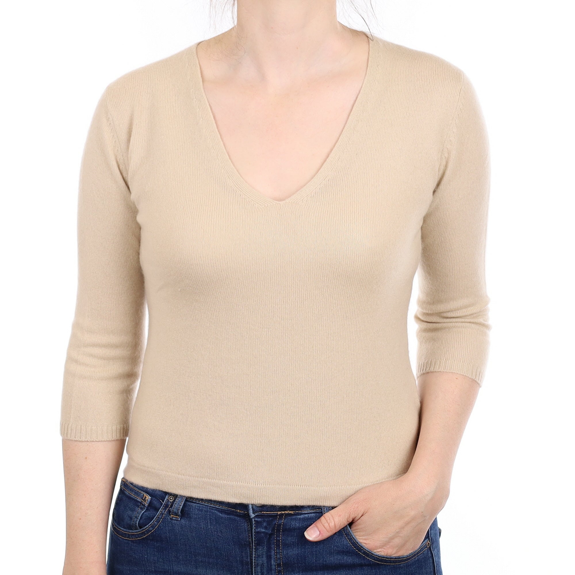 Sand Beige Cashmere 3/4 Sleeved V Neck Jumper Small