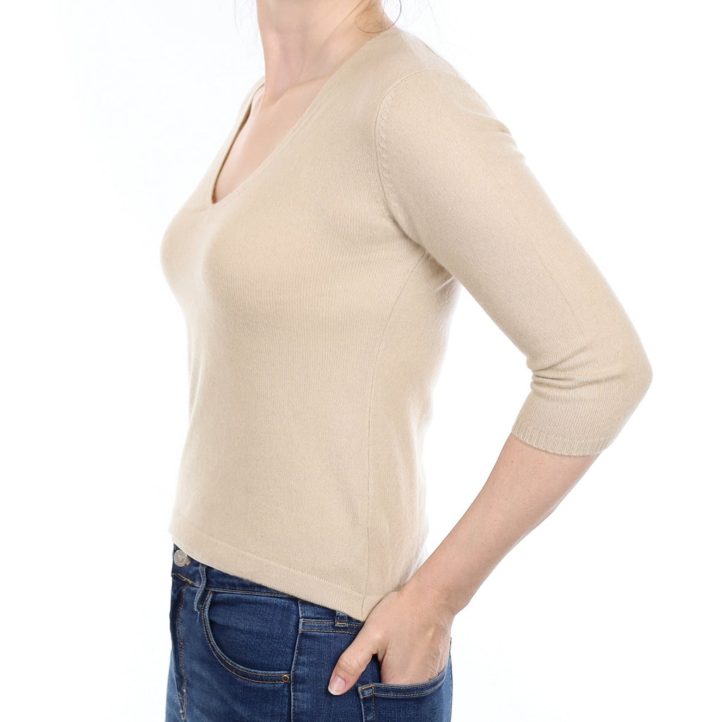Sand Beige Cashmere 3/4 Sleeved V Neck Jumper Small