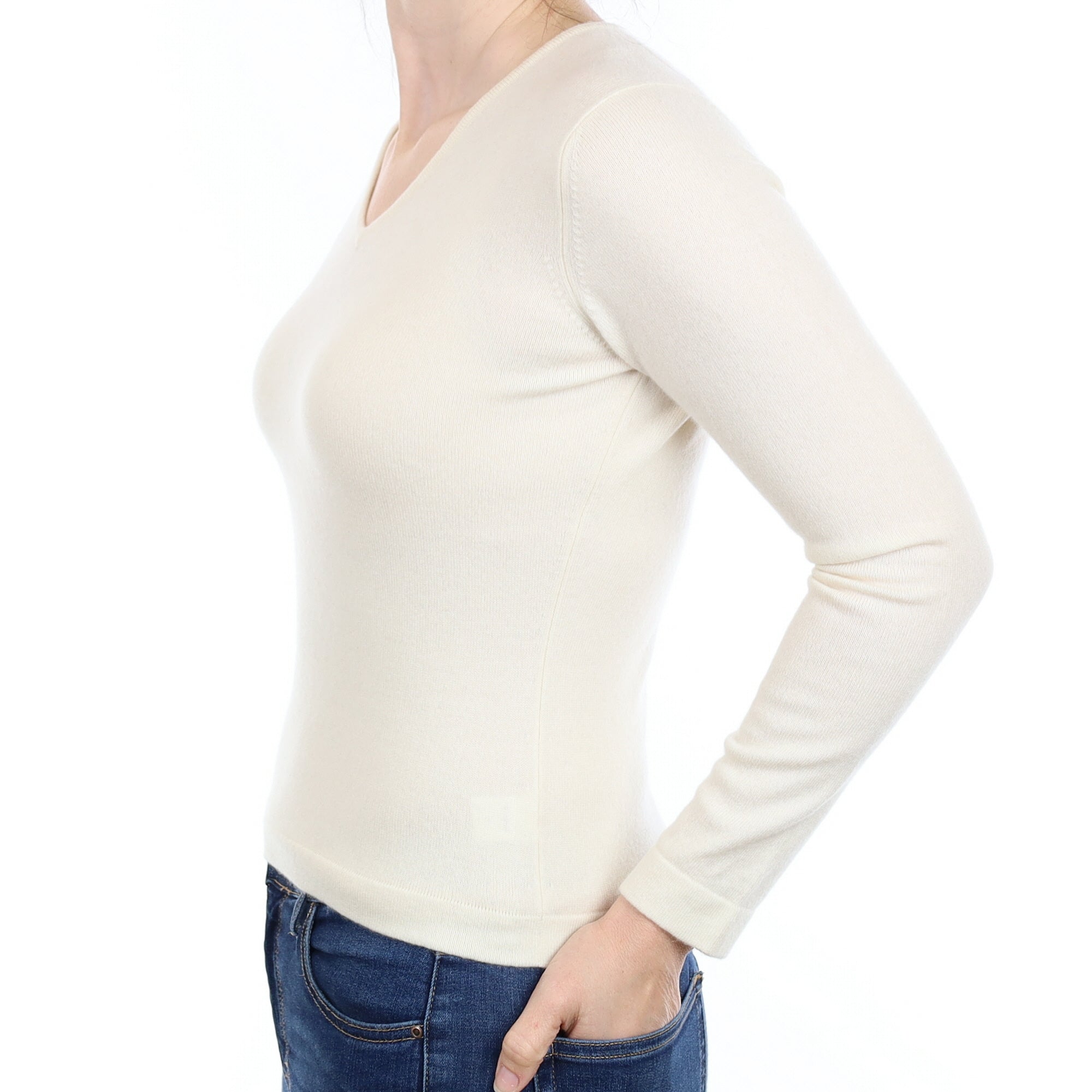 Vanilla Cream Cashmere V Neck Jumper Small