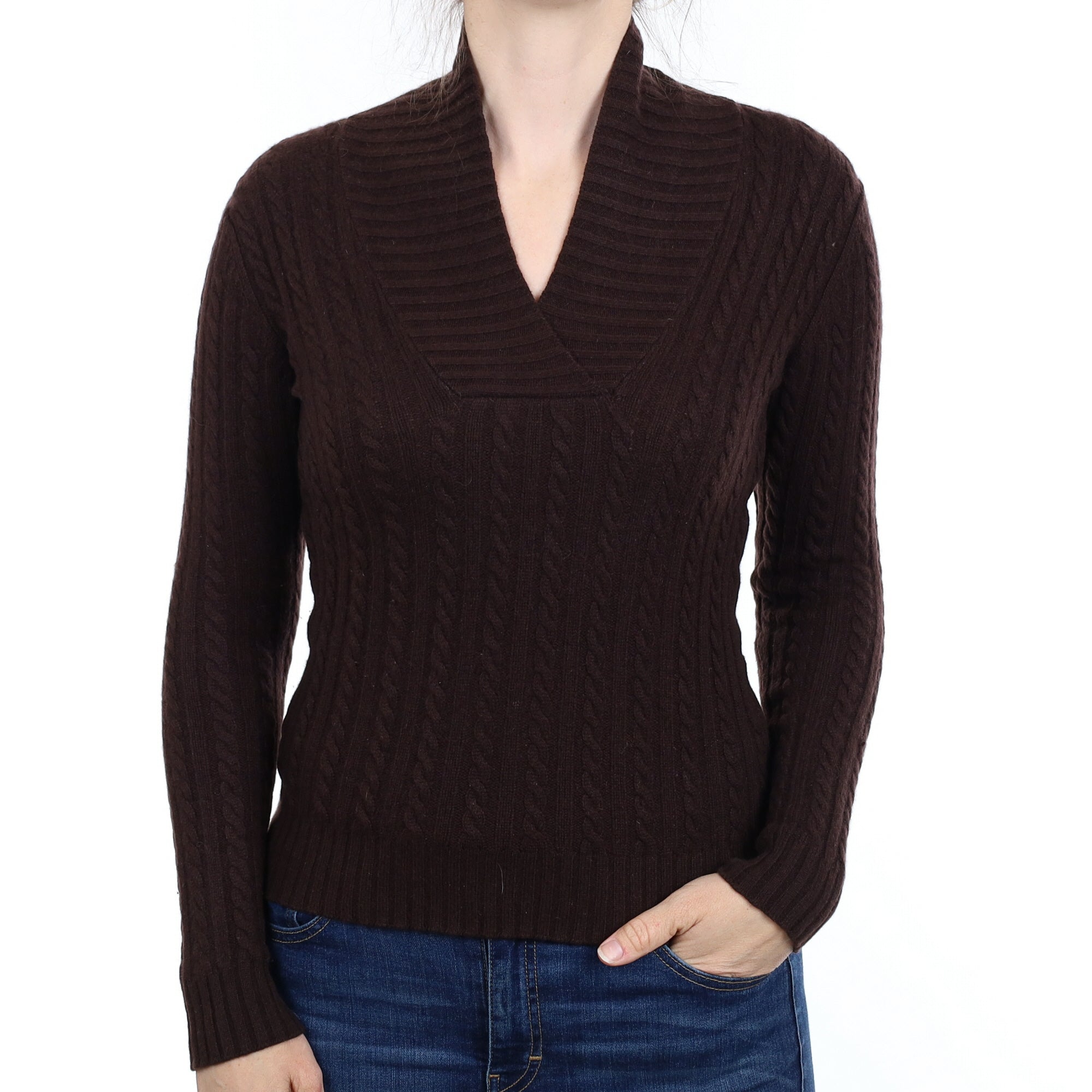 Bitter Chocolate Cable Cashmere Shawl Collar Jumper Small