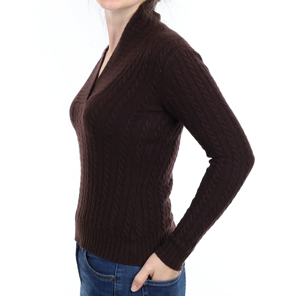 Bitter Chocolate Cable Cashmere Shawl Collar Jumper Small