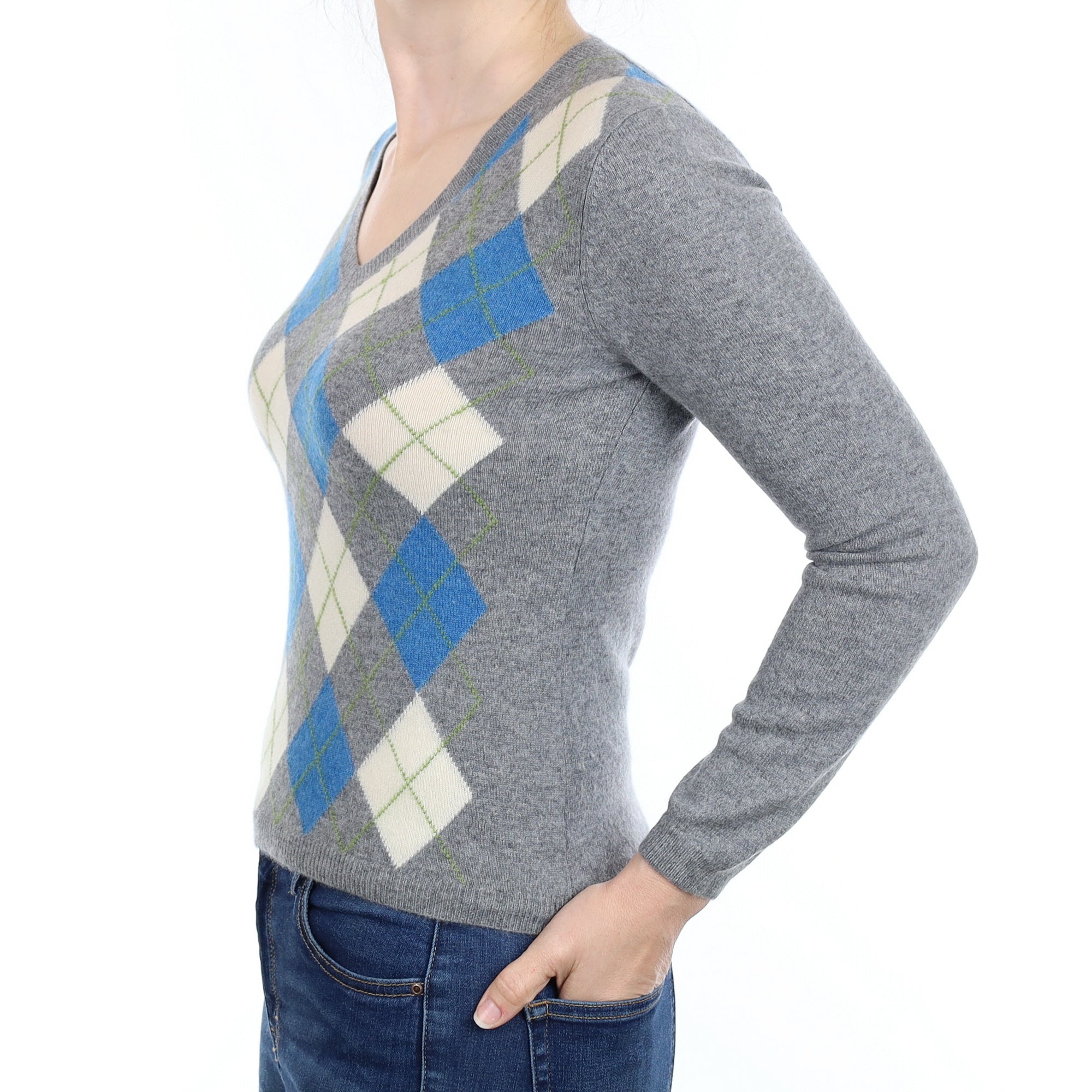 Grey and Blue Argyle Cashmere V Neck Jumper Small