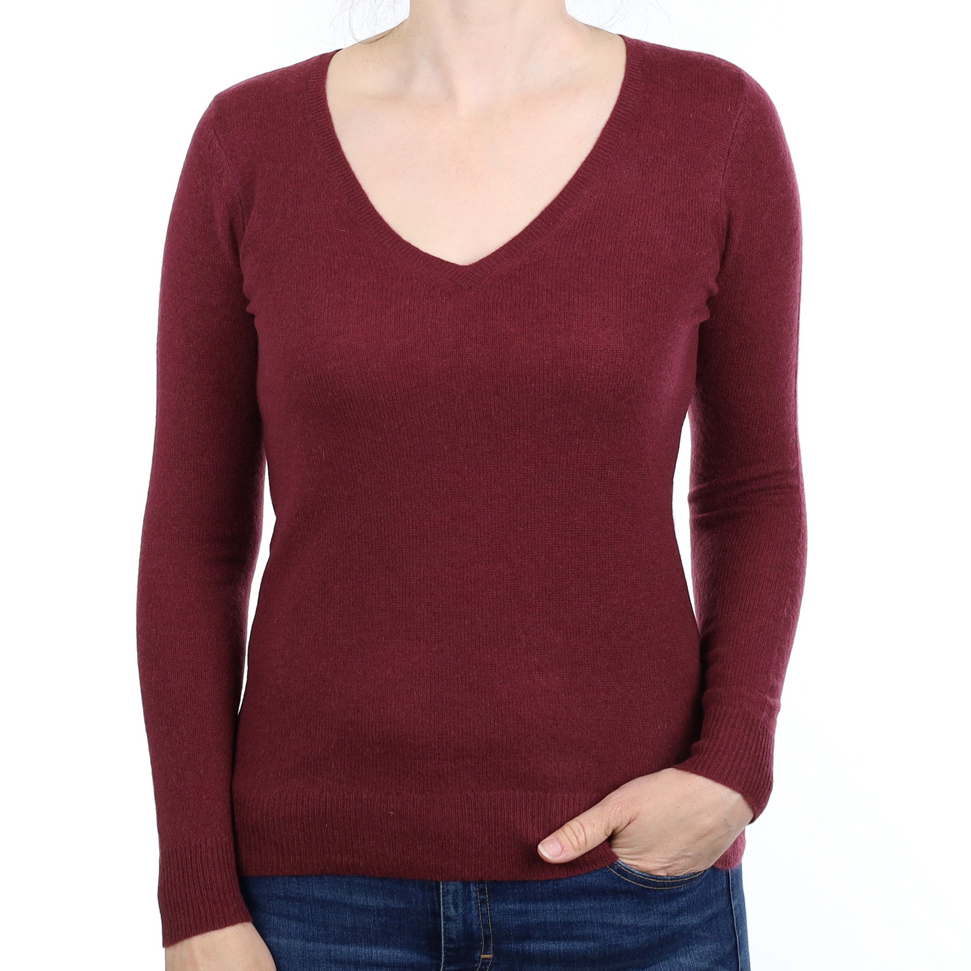 Muted Burgundy Cashmere V Neck Jumper Small