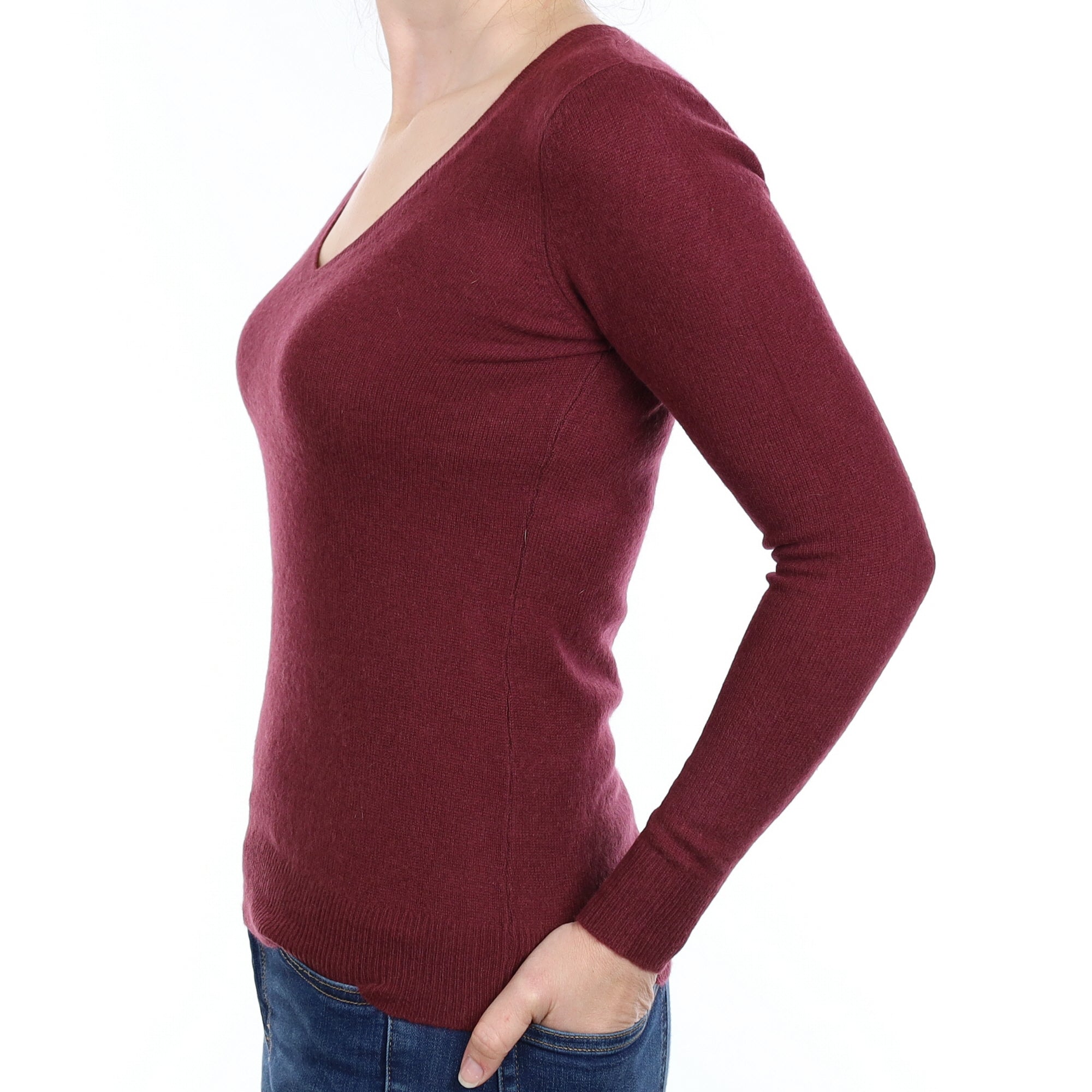 Muted Burgundy Cashmere V Neck Jumper Small