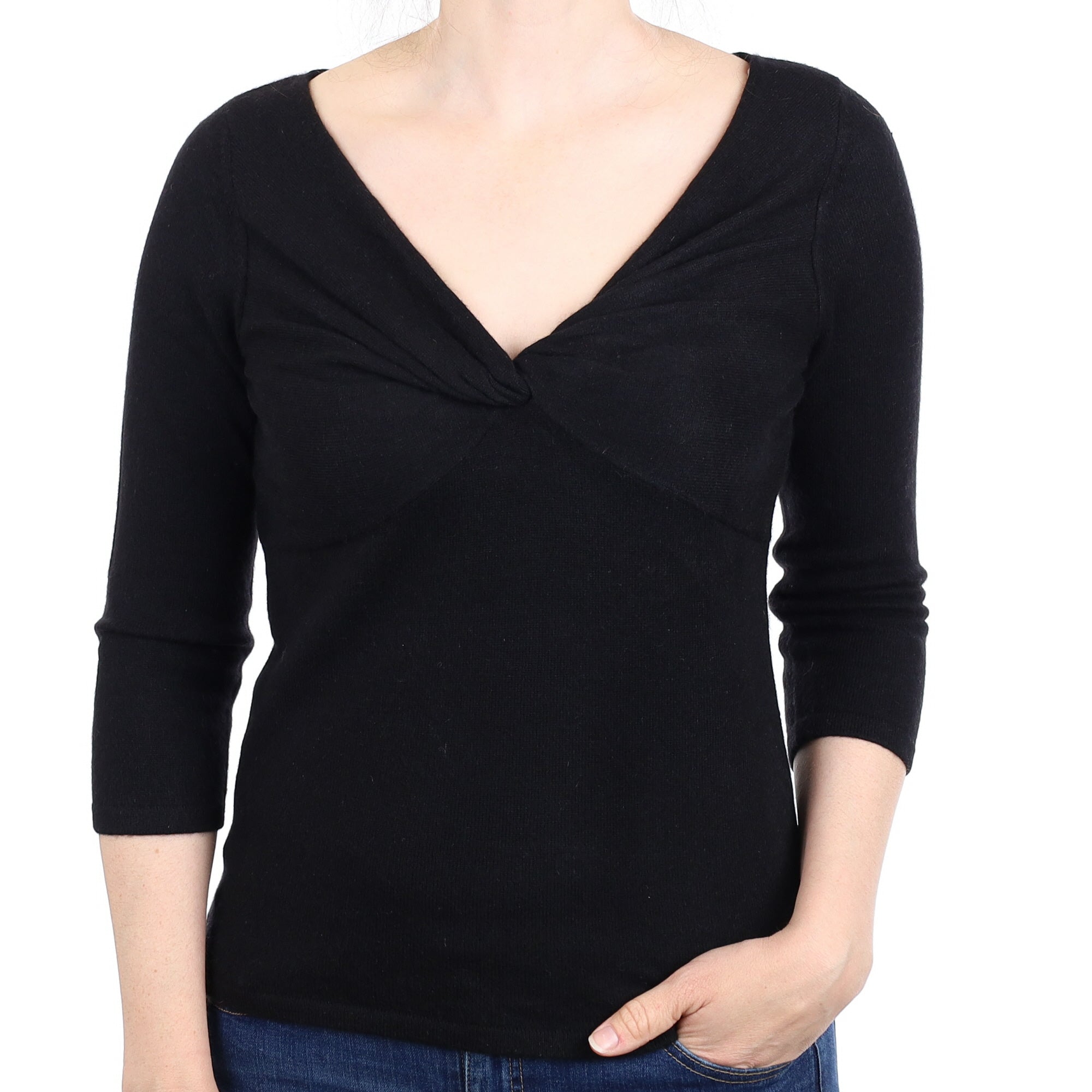 Black Knot Front Cashmere 3/4 Sleeve V Neck Jumper Small